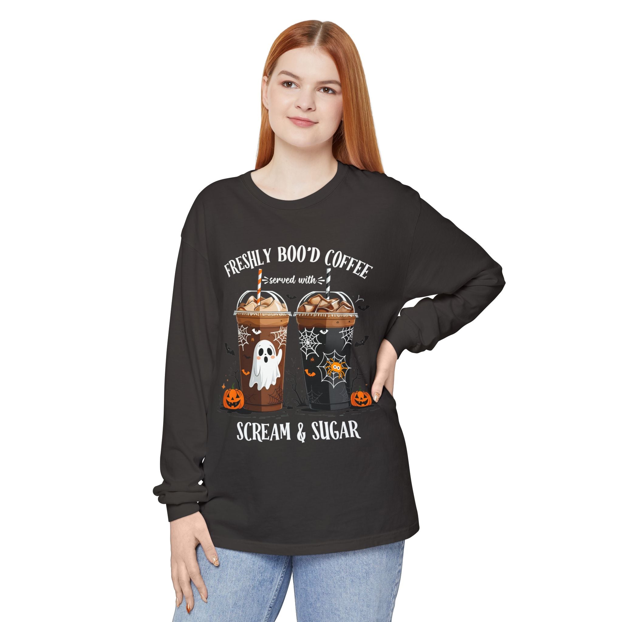 Halloween Coffee Long Sleeve Tee — "Freshly Boo'd Coffee, Scream & Sugar"