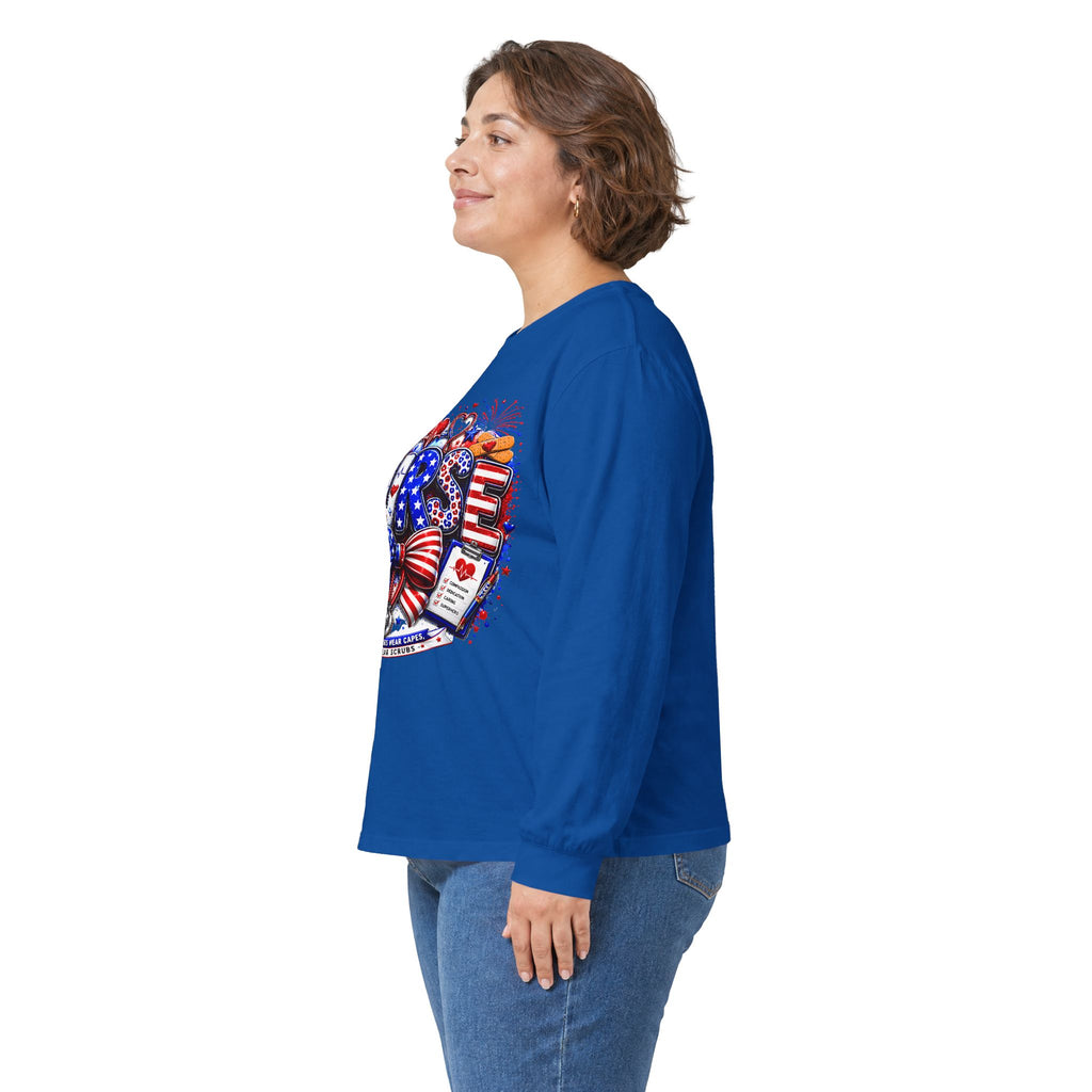 Nurse Heart Patriotic Long Sleeve Tee — USA Flag & Medical Design