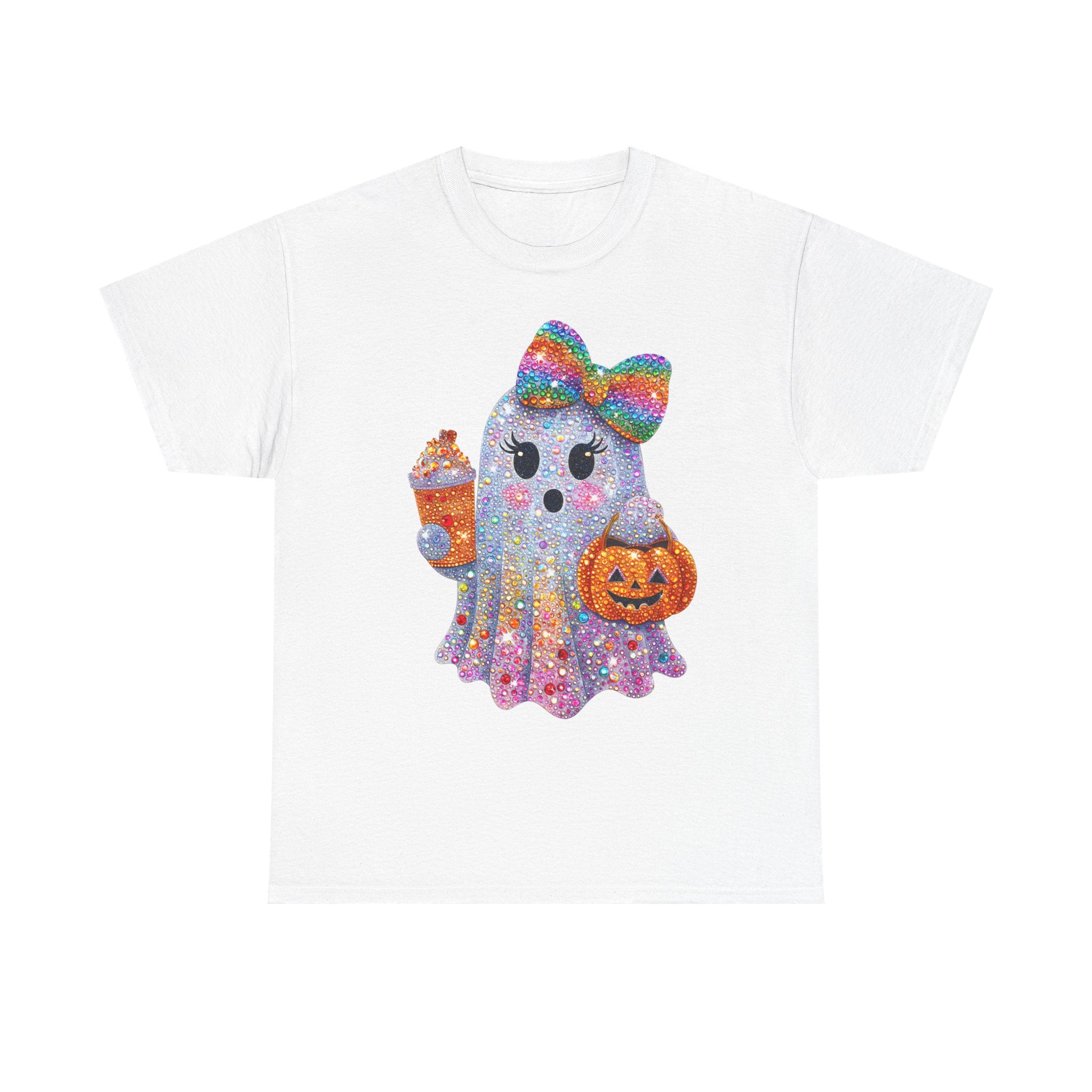 Cute Glitter Ghost T‑Shirt — Rainbow Bow Halloween Tee with Pumpkin & Candy