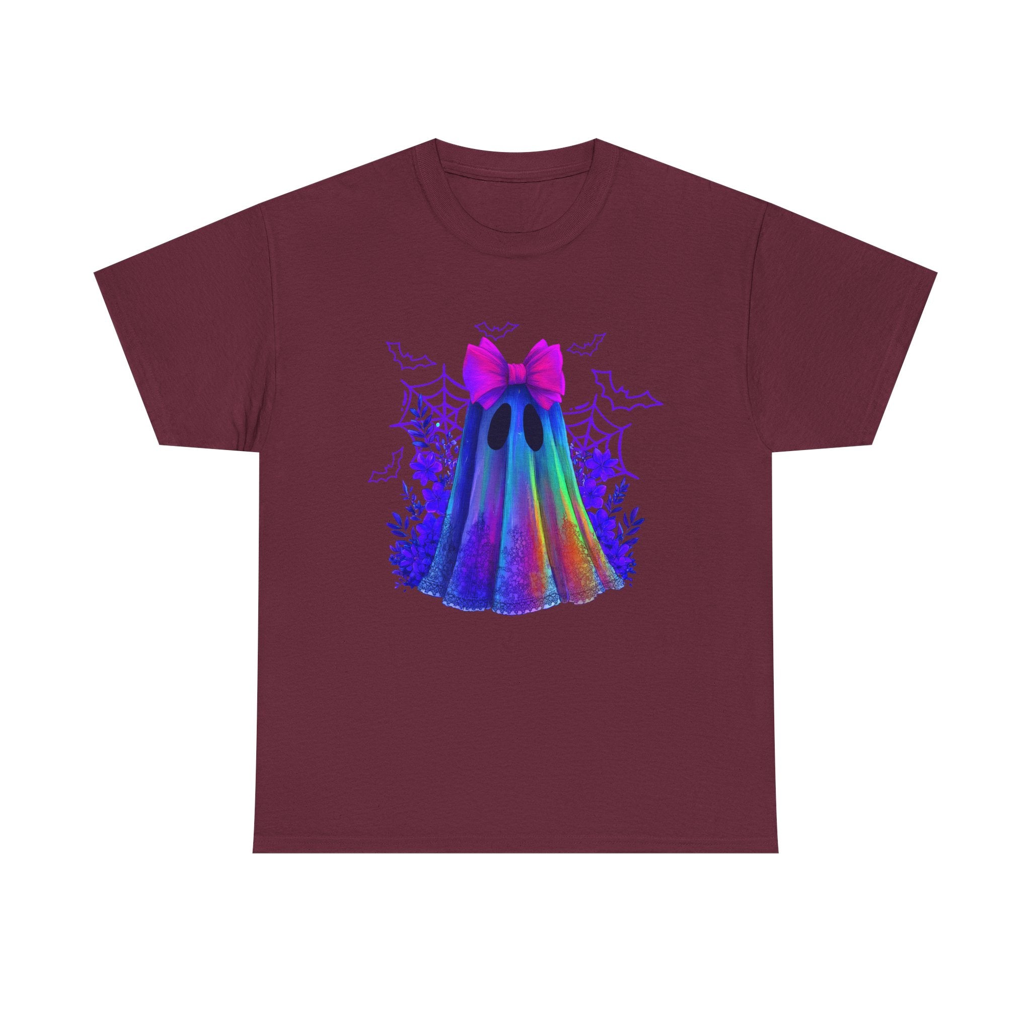 Neon Rainbow Ghost T-Shirt — Cute Halloween Spirit Tee with Pink Bow