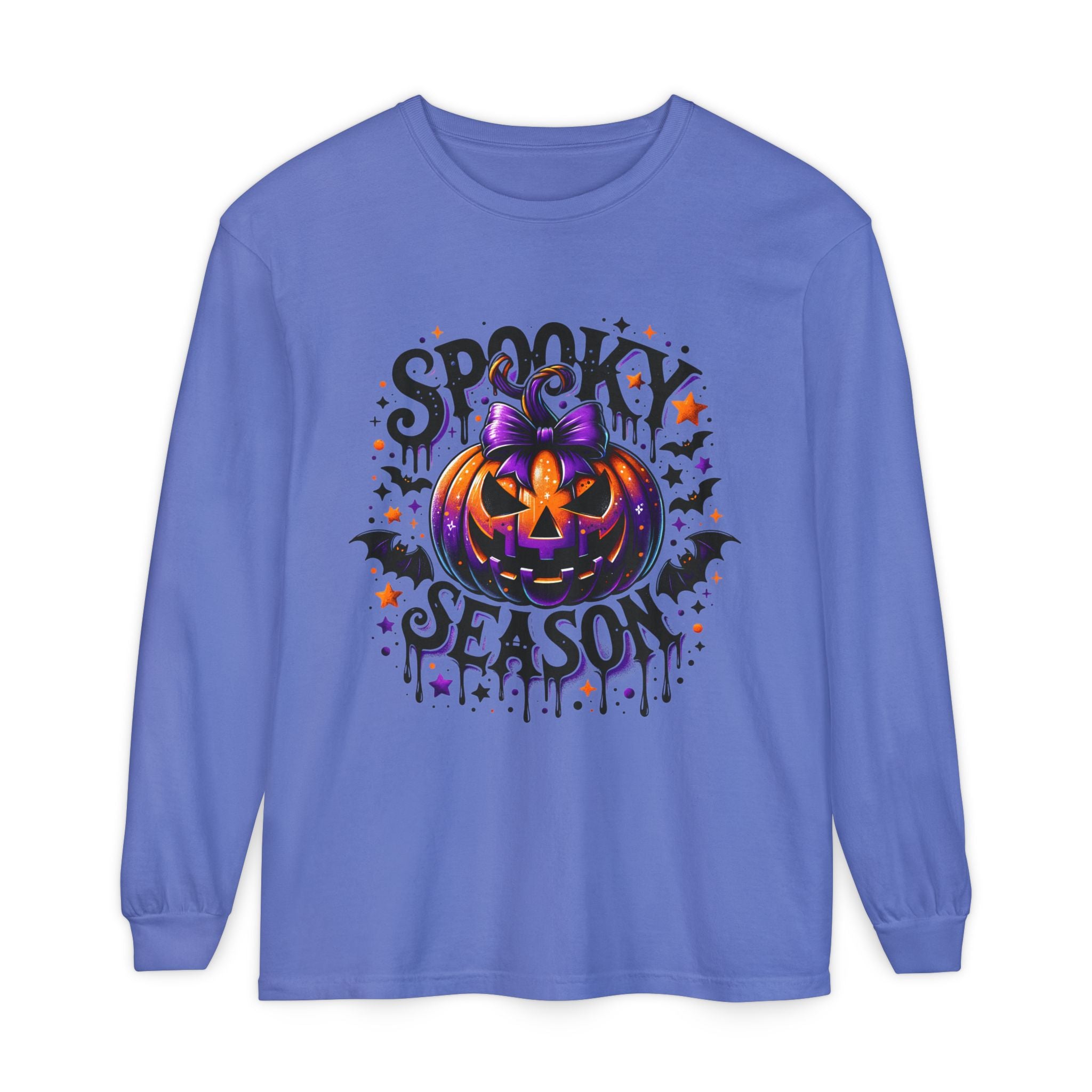 Spooky Season Long Sleeve Tee — Purple Jack-O'-Lantern Halloween Shirt