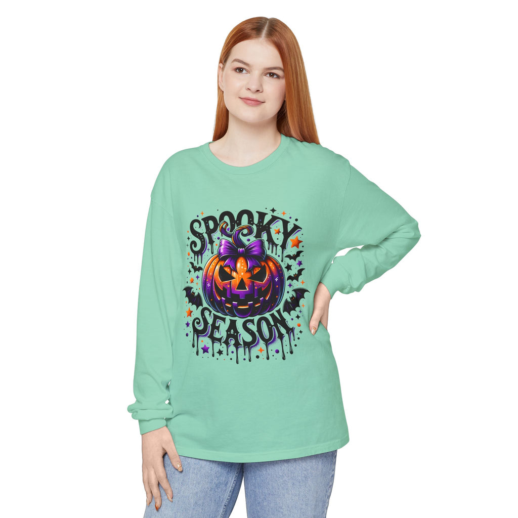 Spooky Season Long Sleeve Tee — Purple Jack-O'-Lantern Halloween Shirt