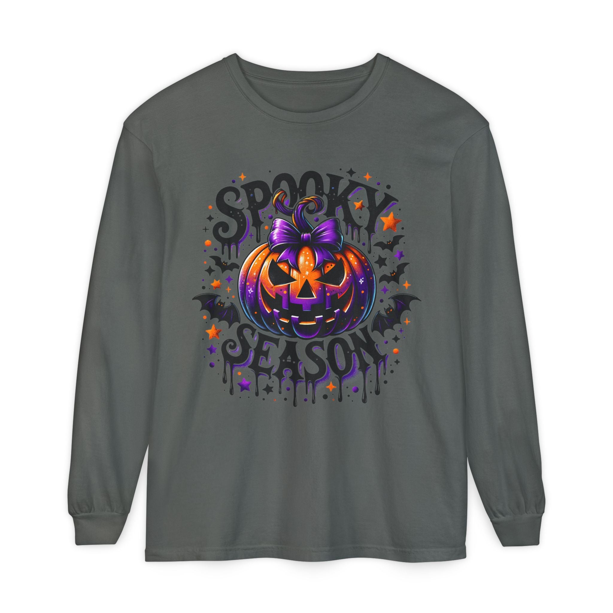Spooky Season Long Sleeve Tee — Purple Pumpkin Halloween Design