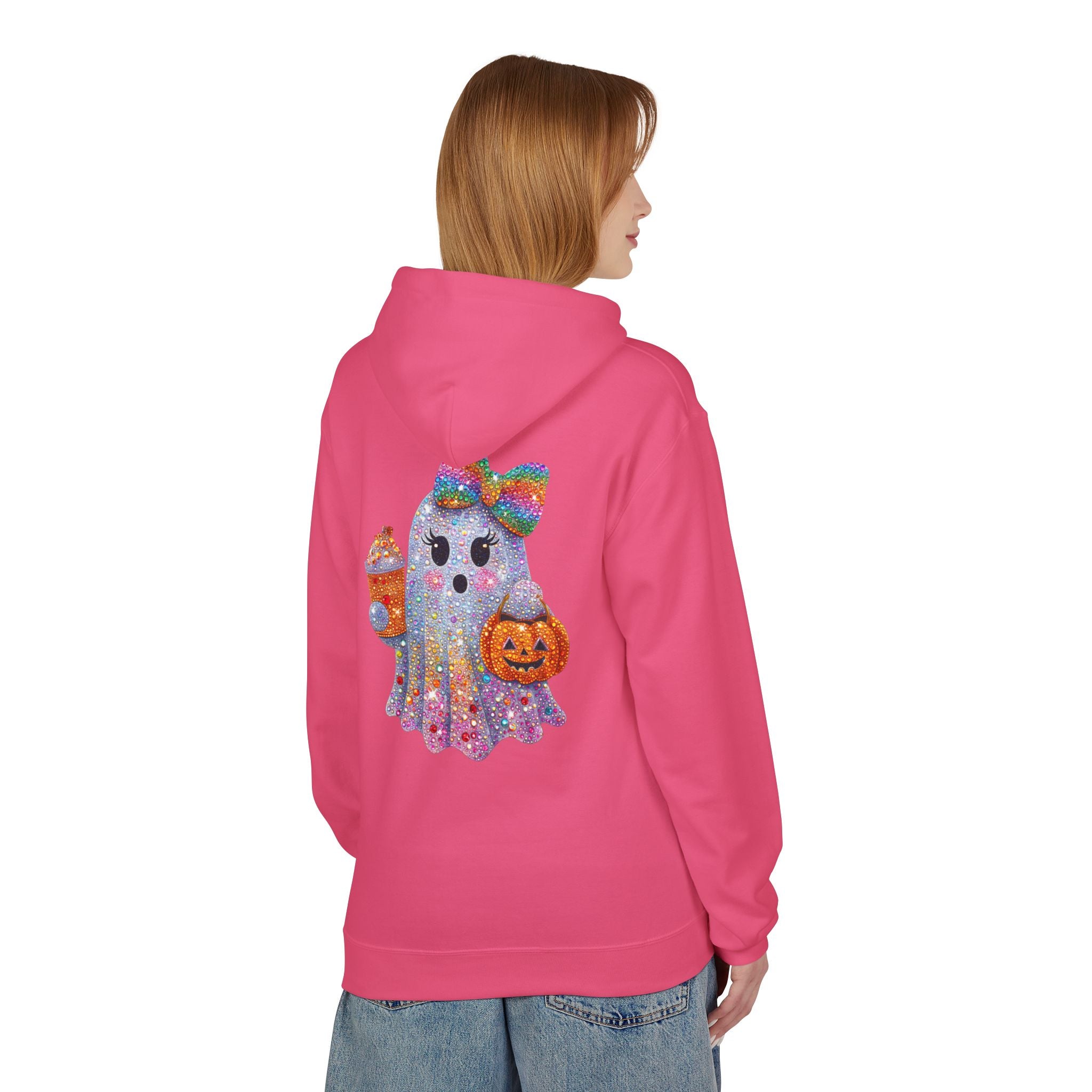 Cute Halloween Ghost Hoodie — Glitter Ghost Holding Pumpkin & Coffee Graphic