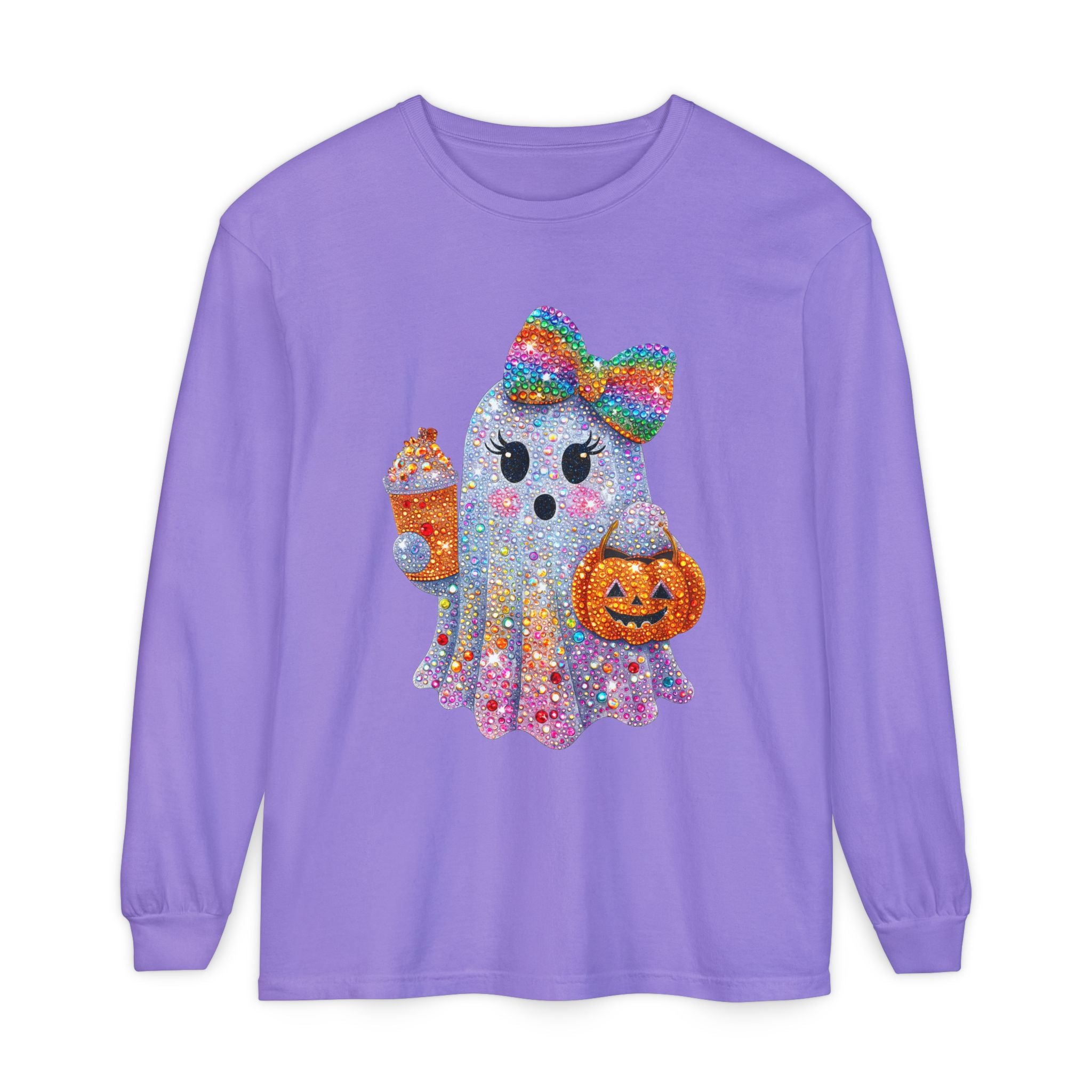 Sparkle Ghost Long Sleeve Tee — Cute Halloween Pumpkin & Candy Design