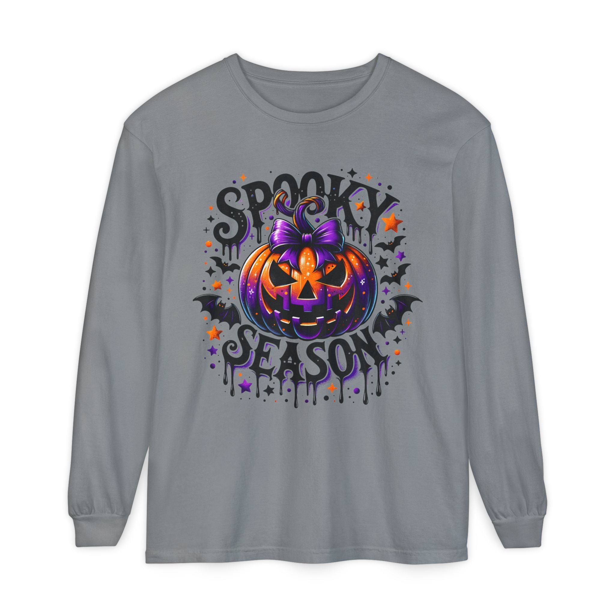 Spooky Season Long Sleeve Tee — Purple Pumpkin Halloween Design