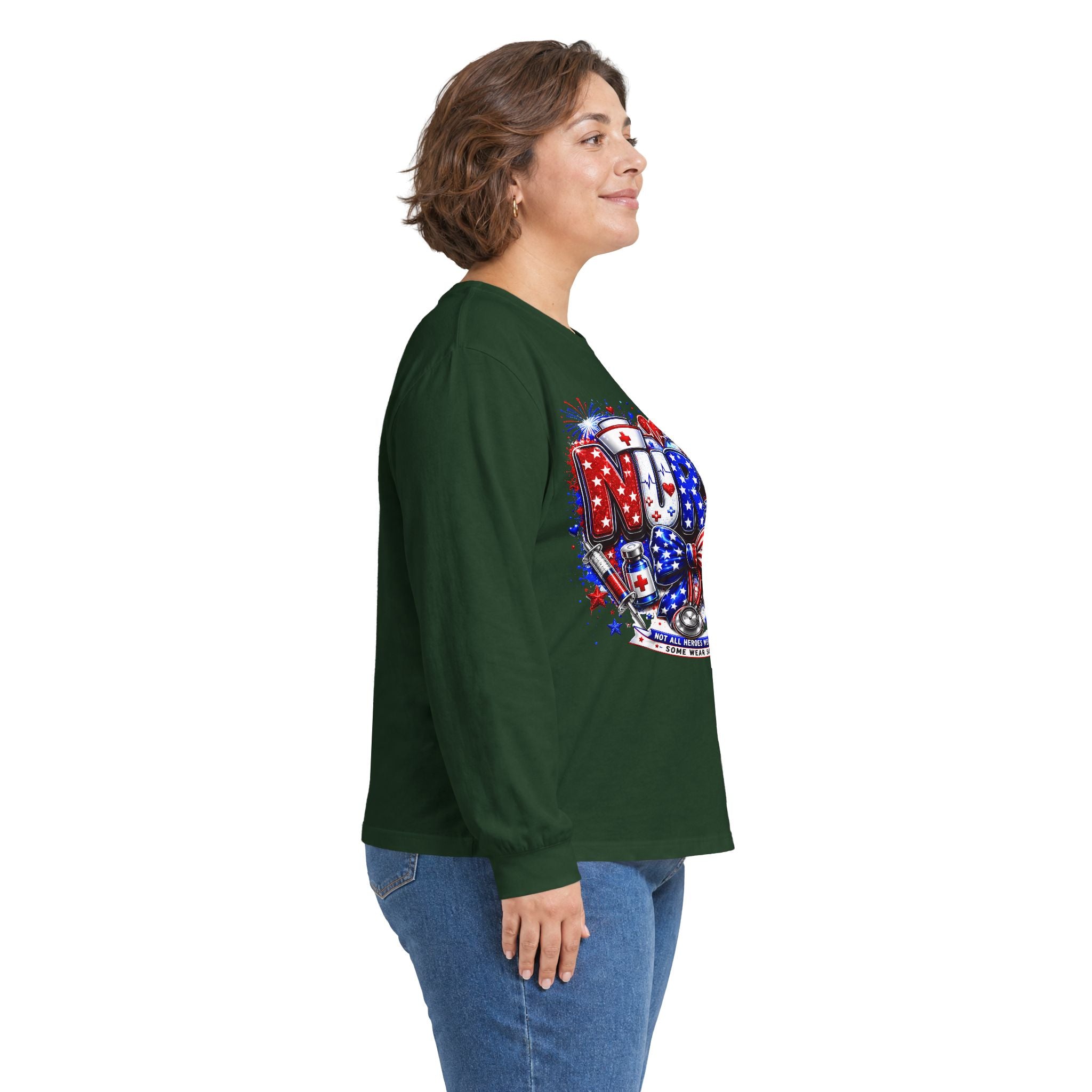 Nurse Heart Patriotic Long Sleeve Tee — USA Flag & Medical Design