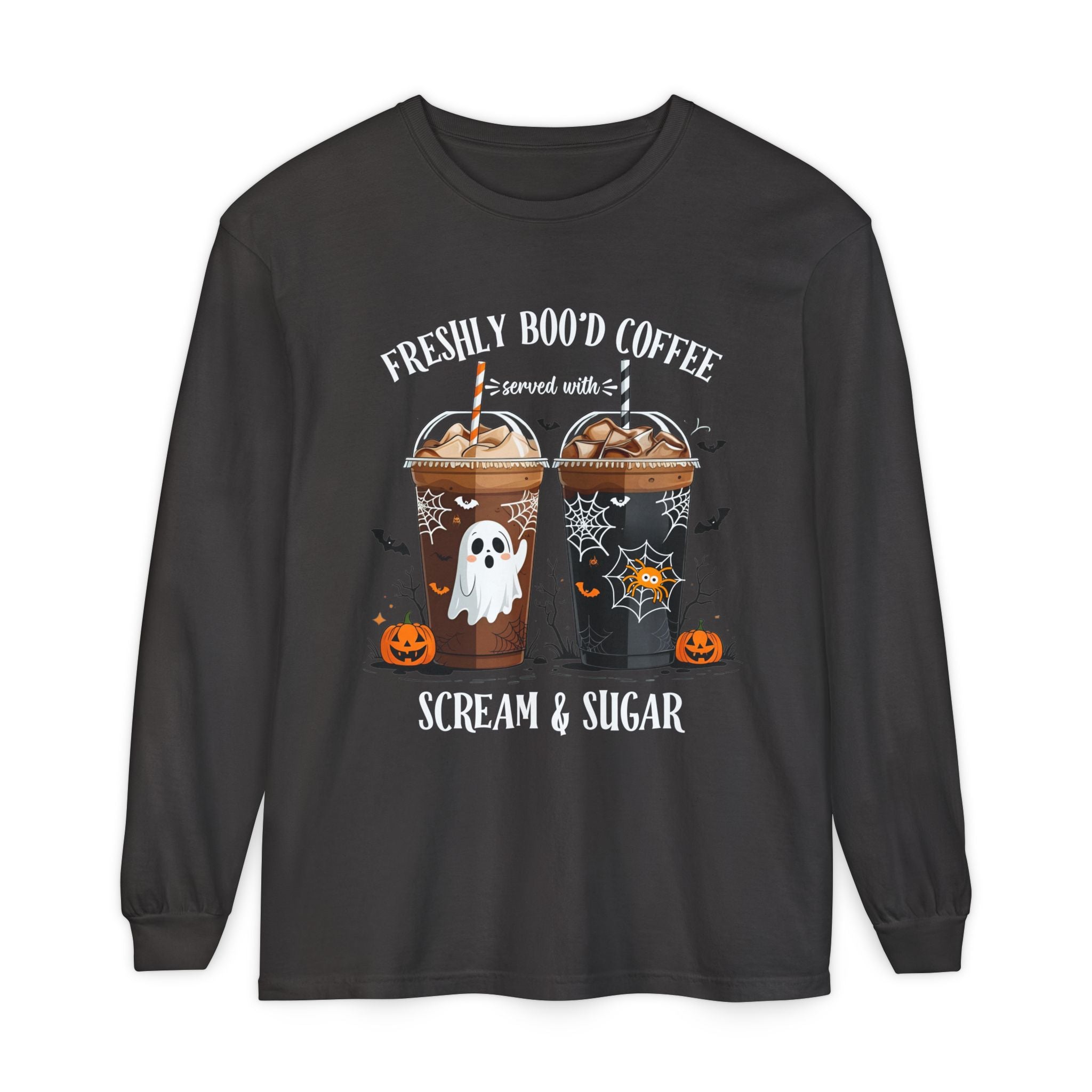 Halloween Coffee Long Sleeve Tee — "Freshly Boo'd Coffee, Scream & Sugar"