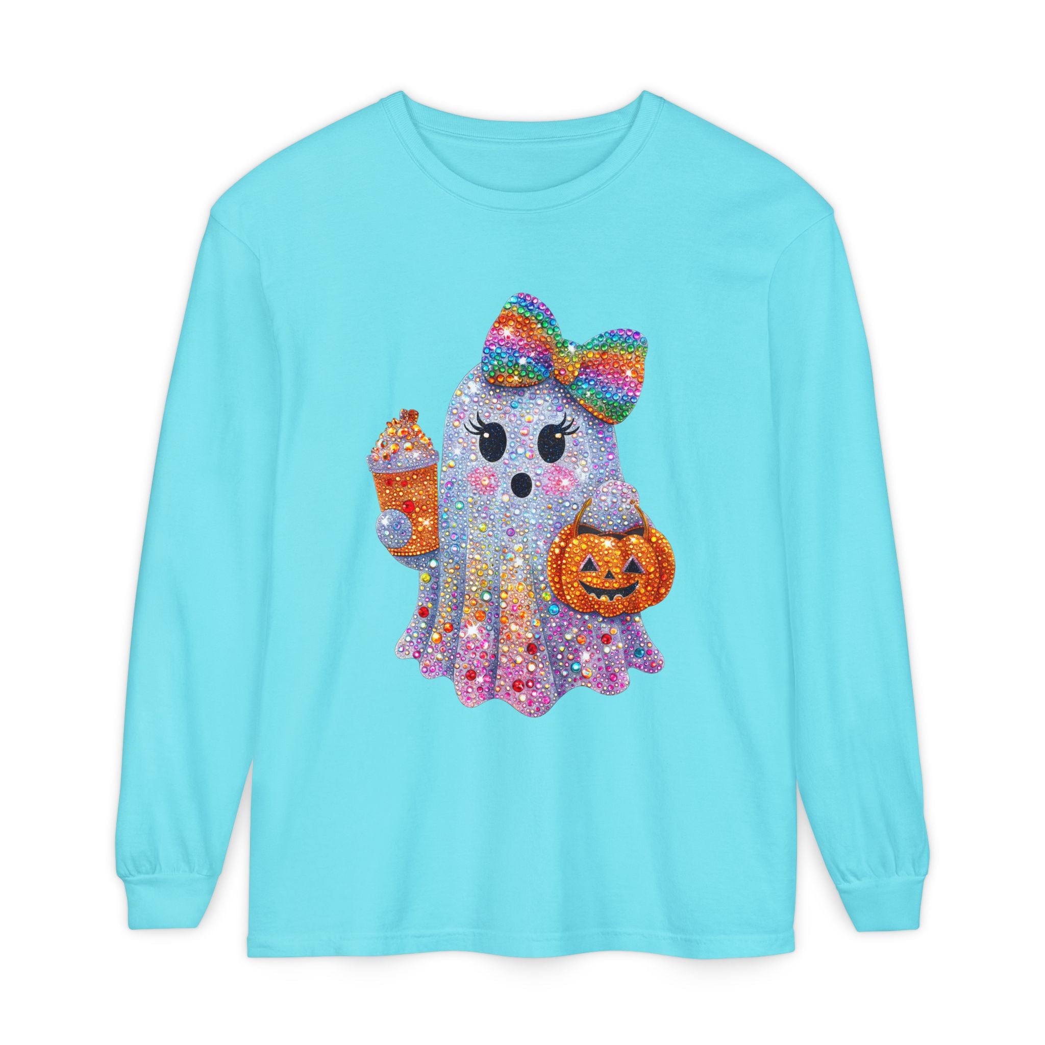 Sparkle Ghost Long Sleeve Tee — Cute Halloween Pumpkin & Candy Design