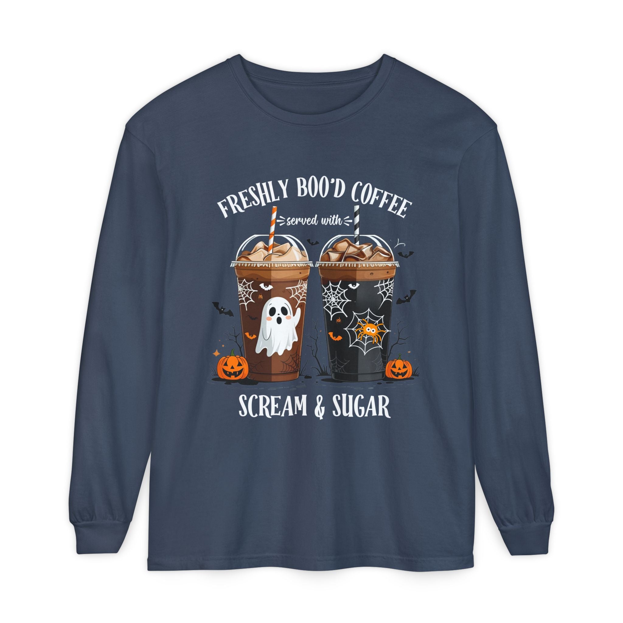 Halloween Coffee Long Sleeve Tee — "Freshly Boo'd Coffee, Scream & Sugar"