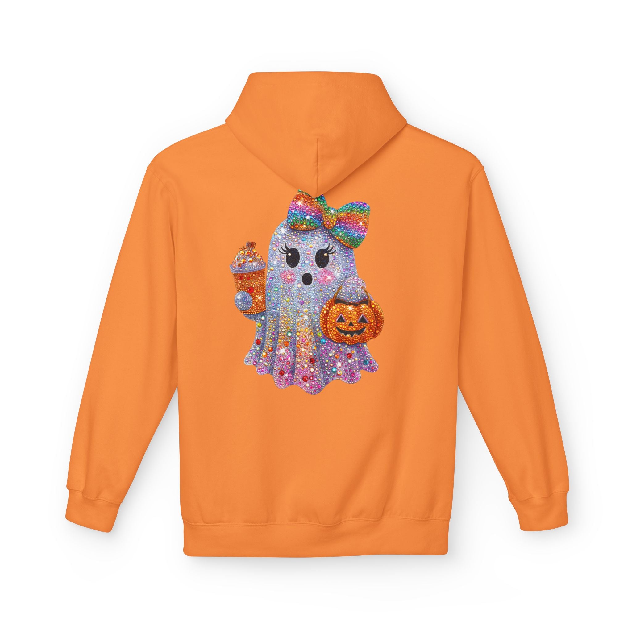 Cute Halloween Ghost Hoodie — Glitter Ghost Holding Pumpkin & Coffee Graphic