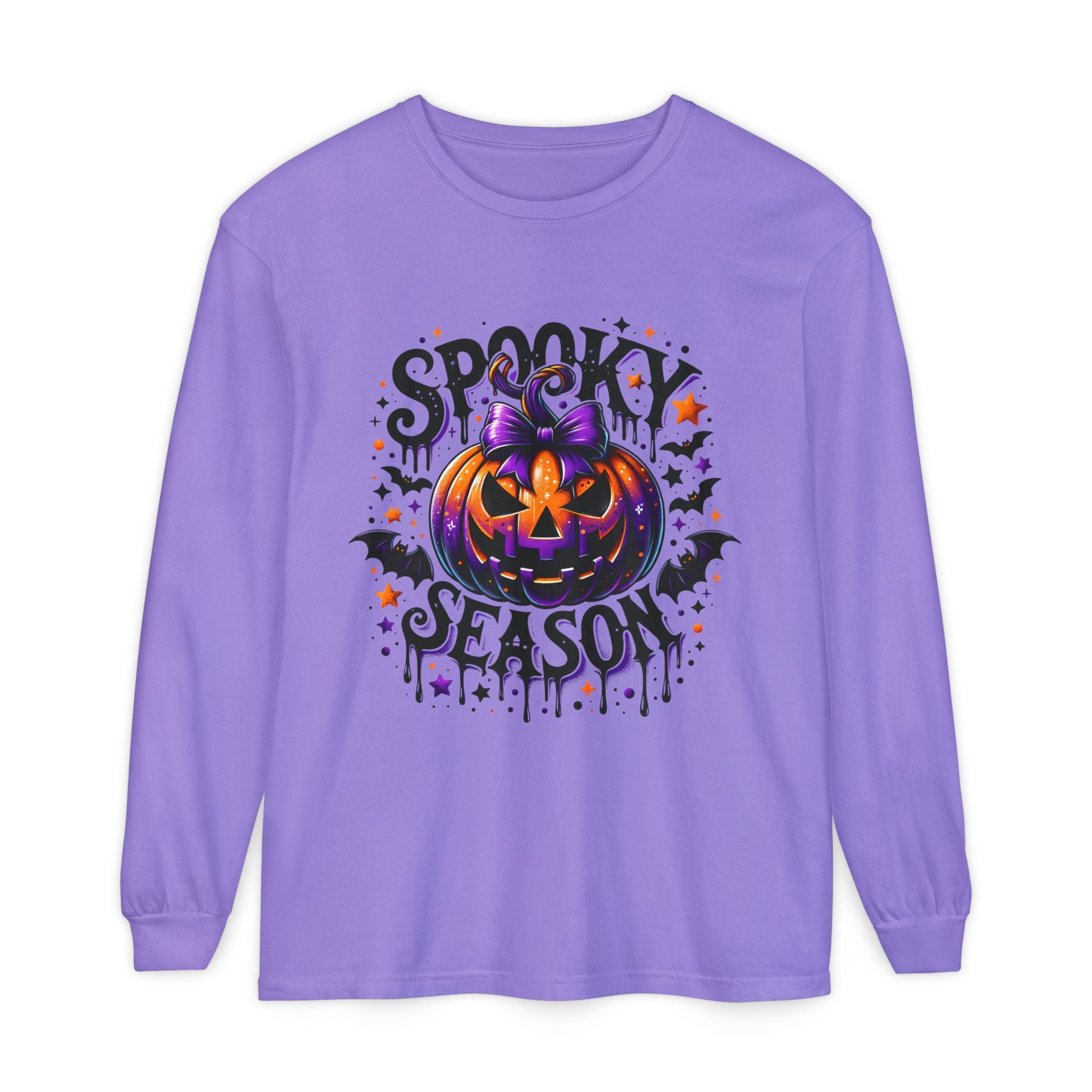 Spooky Season Long Sleeve Tee — Purple Jack-O'-Lantern Halloween Shirt
