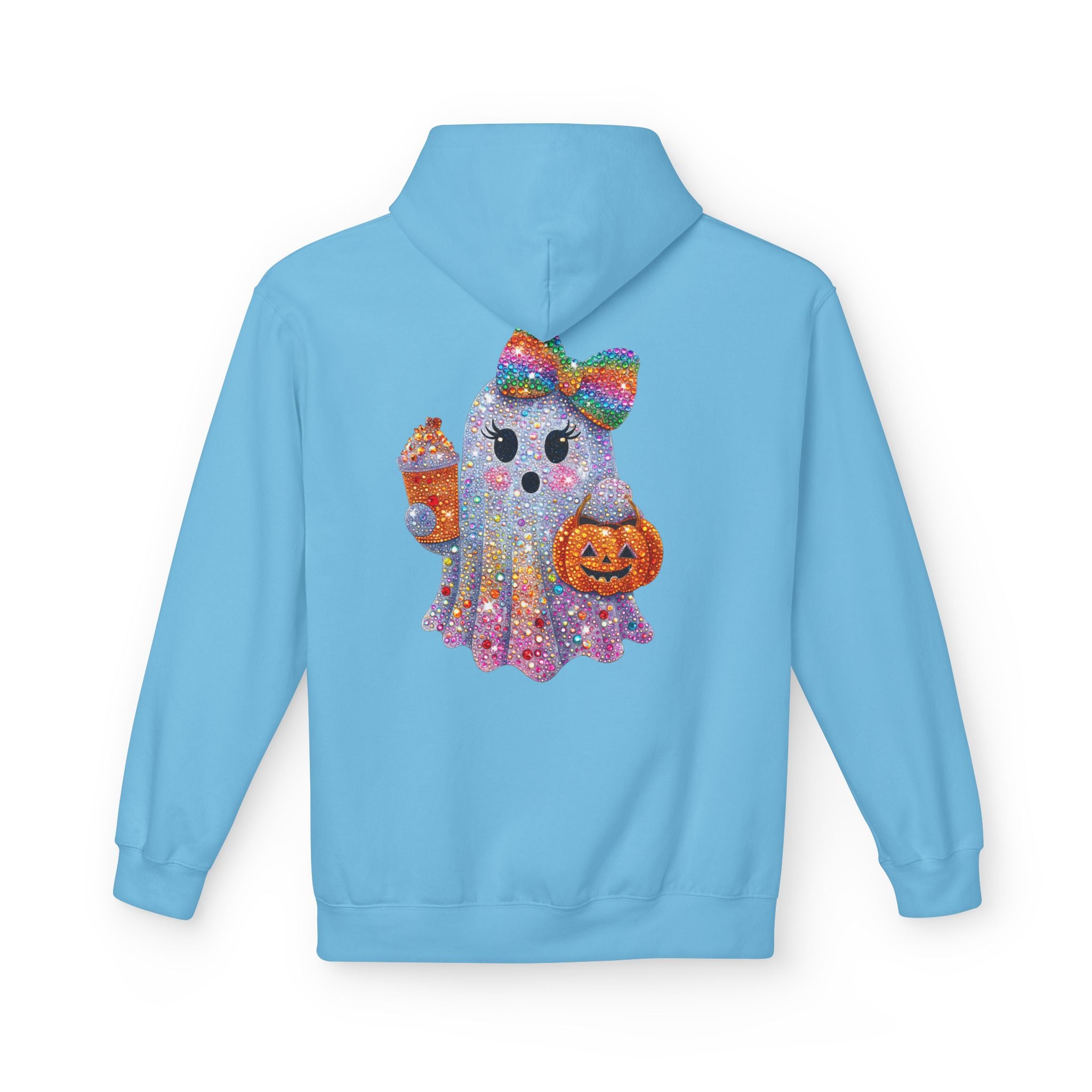 Cute Halloween Ghost Hoodie — Glitter Ghost Holding Pumpkin & Coffee Graphic