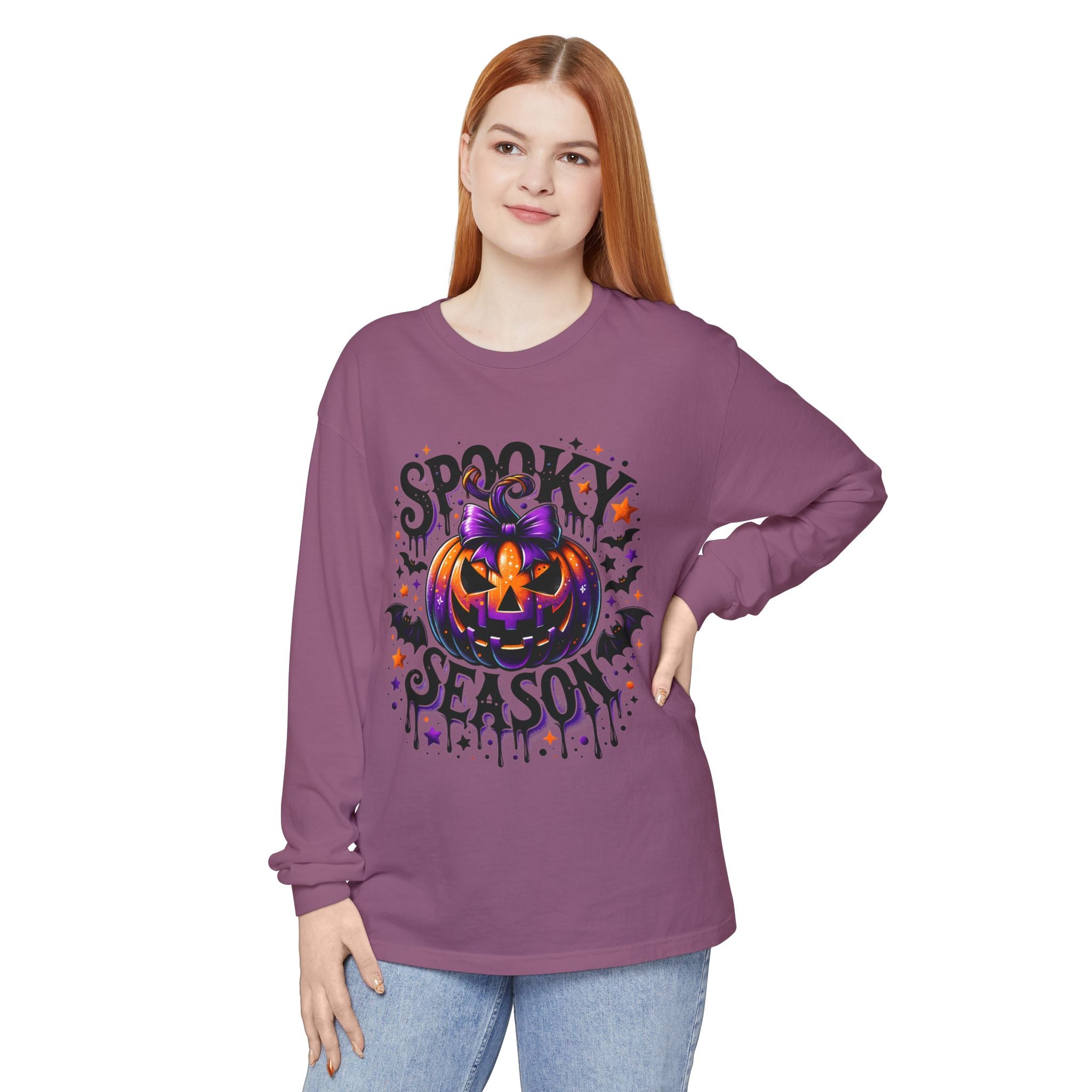 Spooky Season Long Sleeve Tee — Purple Jack-O'-Lantern Halloween Shirt
