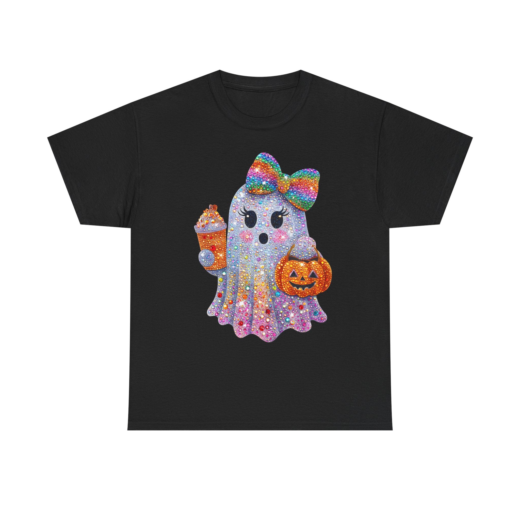 Cute Glitter Ghost T‑Shirt — Rainbow Bow Halloween Tee with Pumpkin & Candy