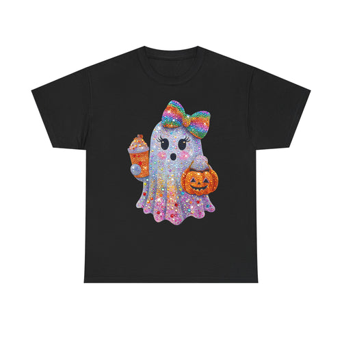 Cute Glitter Ghost T‑Shirt — Rainbow Bow Halloween Tee with Pumpkin & Candy