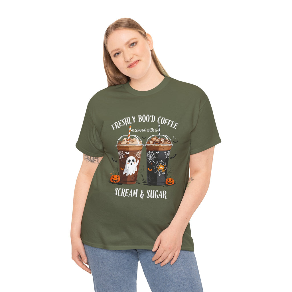 Halloween Coffee T‑Shirt - "Freshly Boo’d Coffee: Scream & Sugar" Funny Spooky Pumpkin Ghost Tee