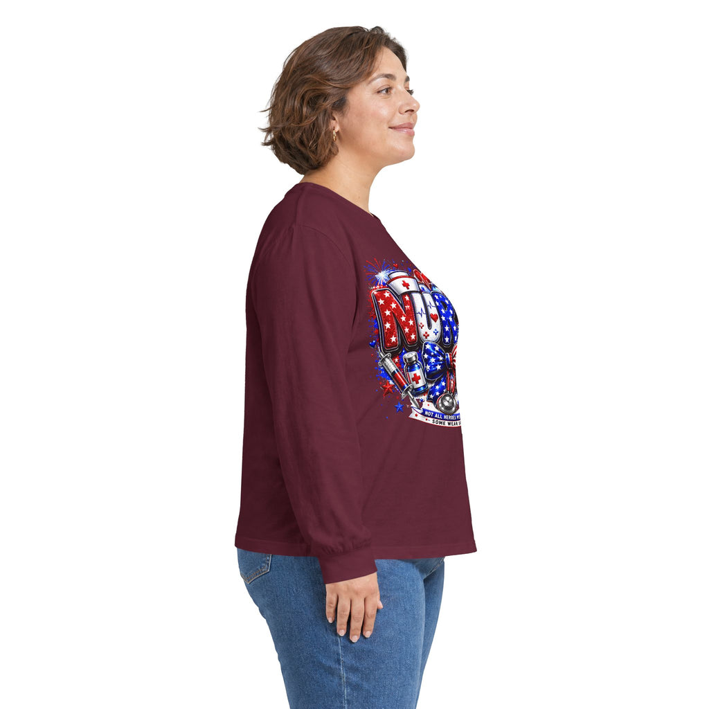 Nurse Heart Patriotic Long Sleeve Tee — USA Flag & Medical Design