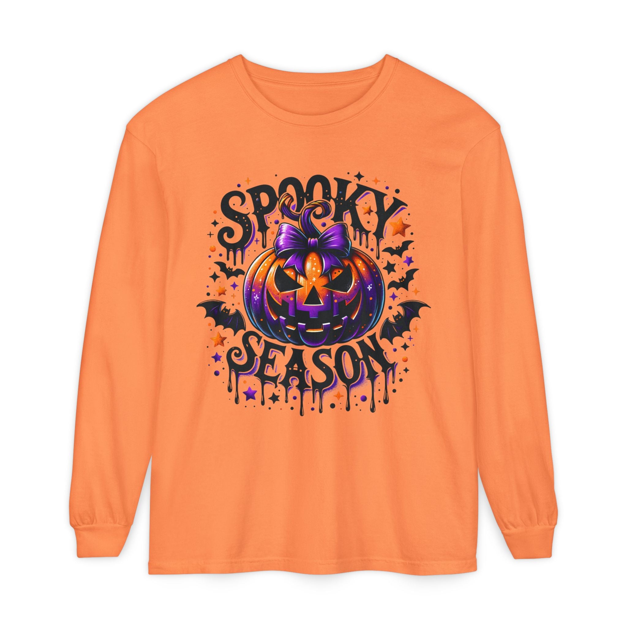 Spooky Season Long Sleeve Tee — Purple Pumpkin Halloween Design