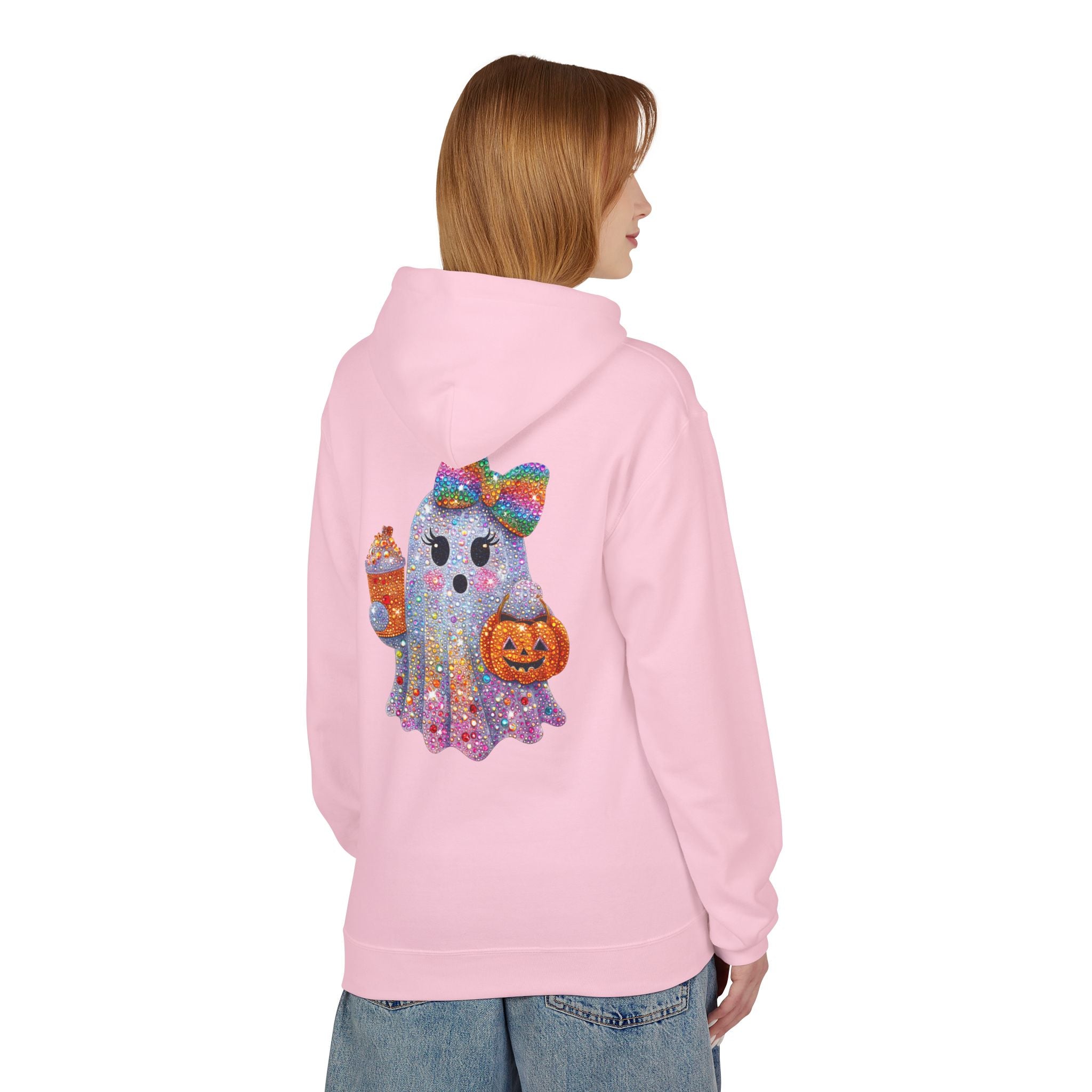 Cute Halloween Ghost Hoodie — Glitter Ghost Holding Pumpkin & Coffee Graphic