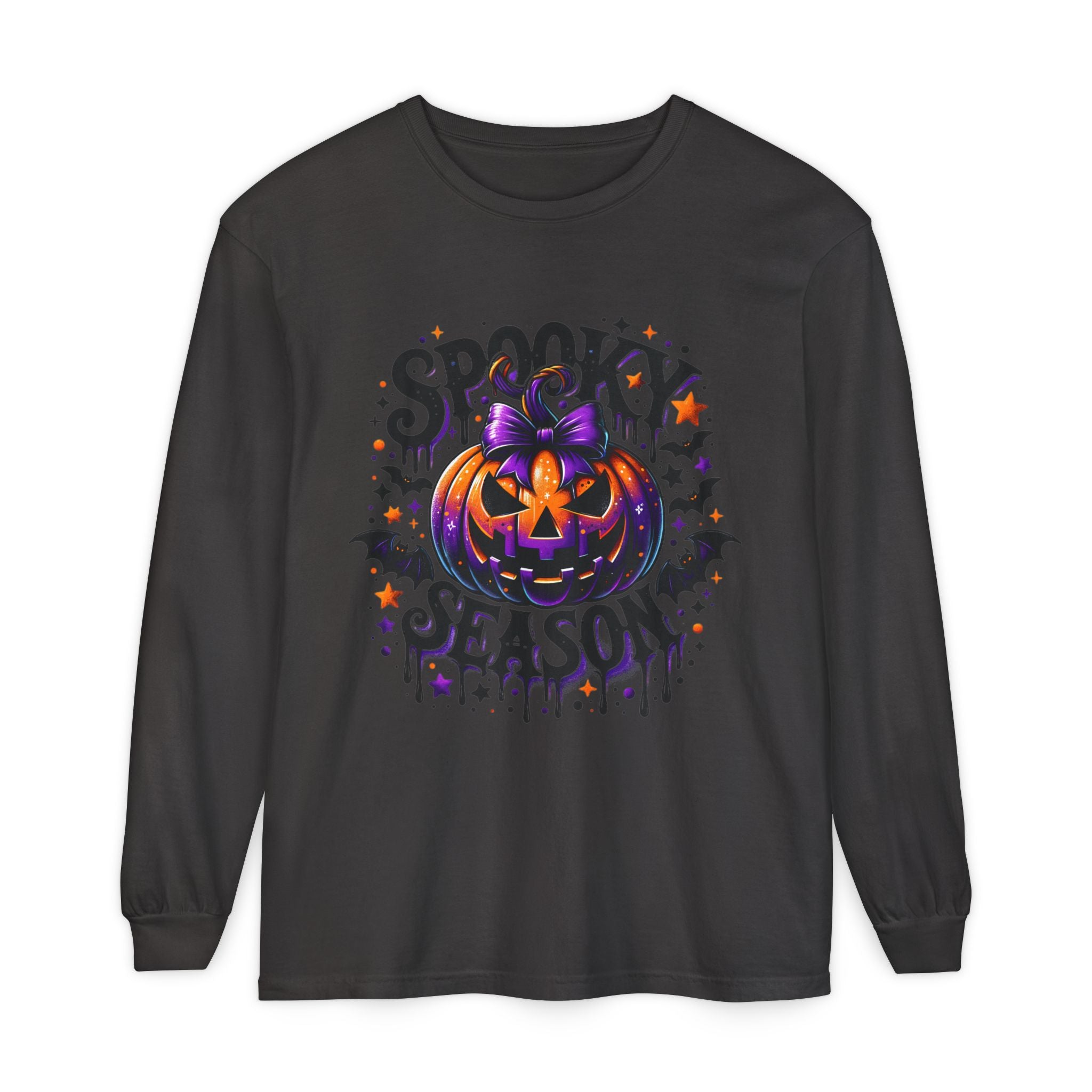 Spooky Season Long Sleeve Tee — Purple Jack-O'-Lantern Halloween Shirt