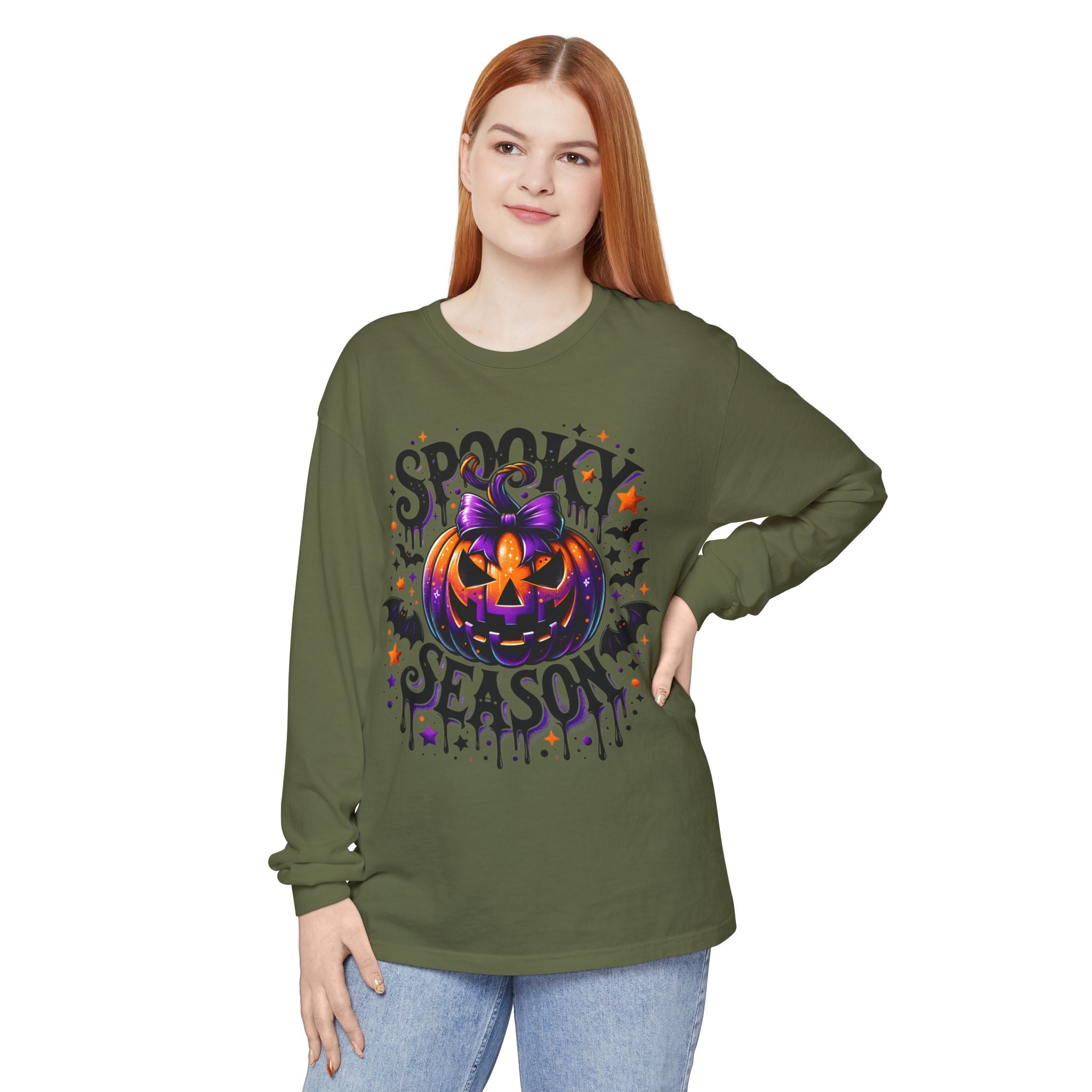 Spooky Season Long Sleeve Tee — Purple Pumpkin Halloween Design