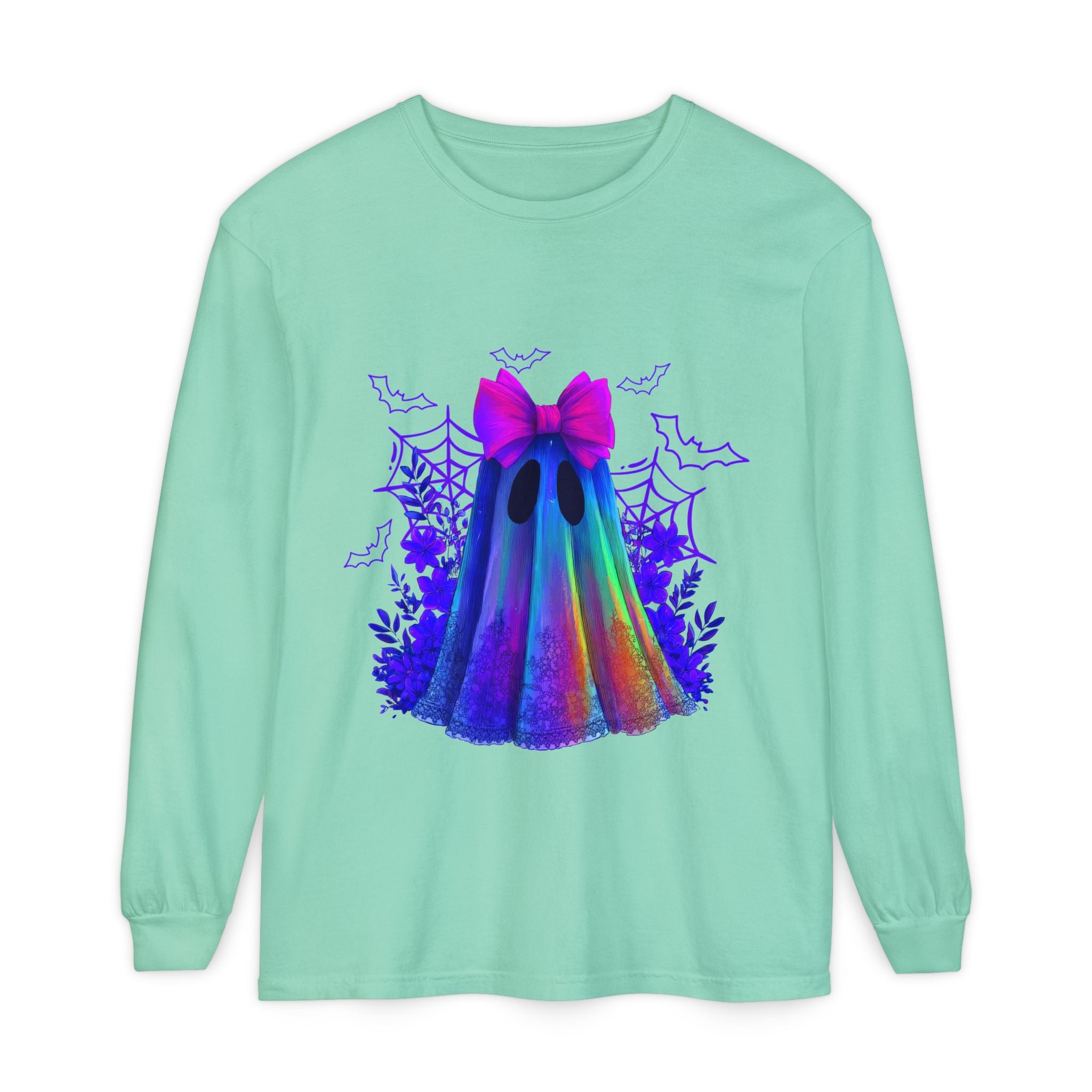 Halloween Ghost Long Sleeve Tee — Holographic Bow Ghost Graphic