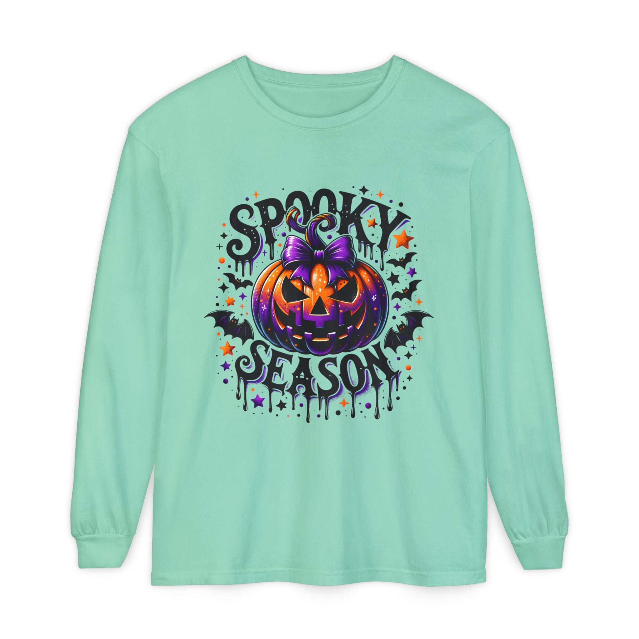 Spooky Season Long Sleeve Tee — Purple Jack-O'-Lantern Halloween Shirt