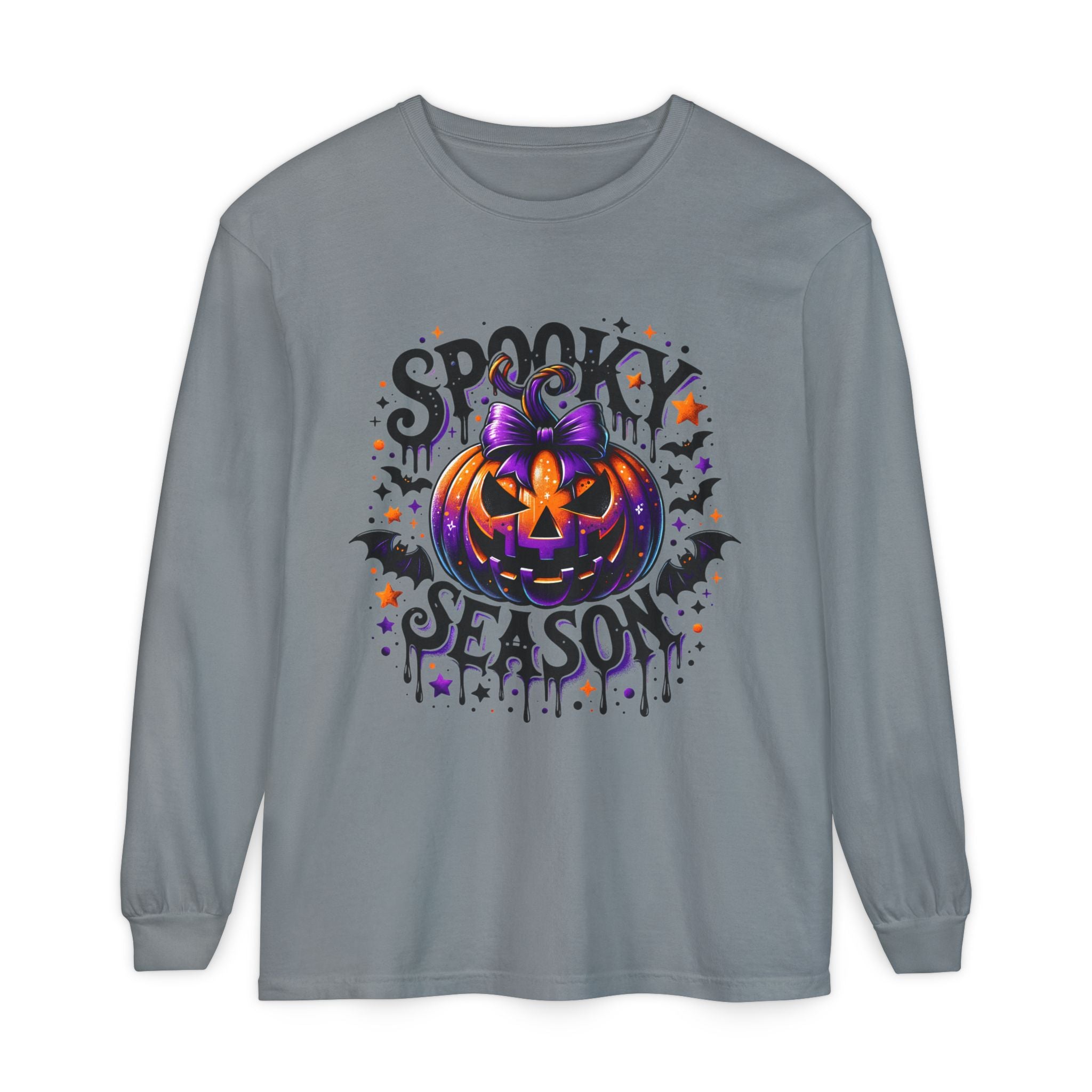 Spooky Season Long Sleeve Tee — Purple Jack-O'-Lantern Halloween Shirt