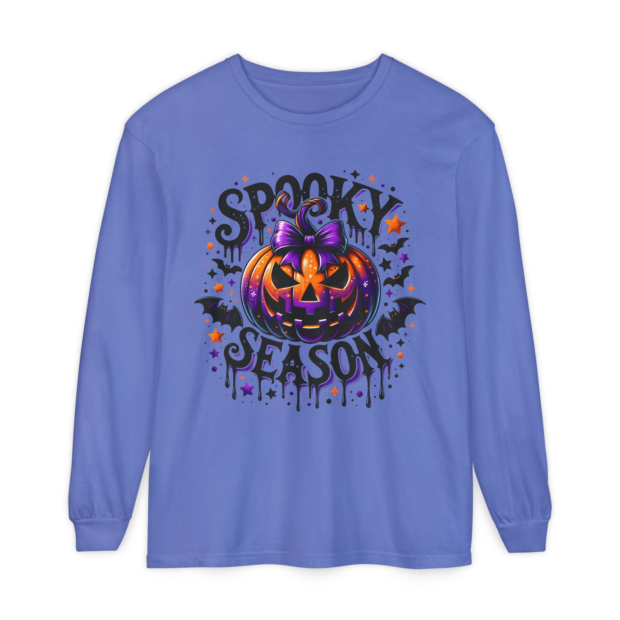 Spooky Season Long Sleeve Tee — Purple Pumpkin Halloween Design