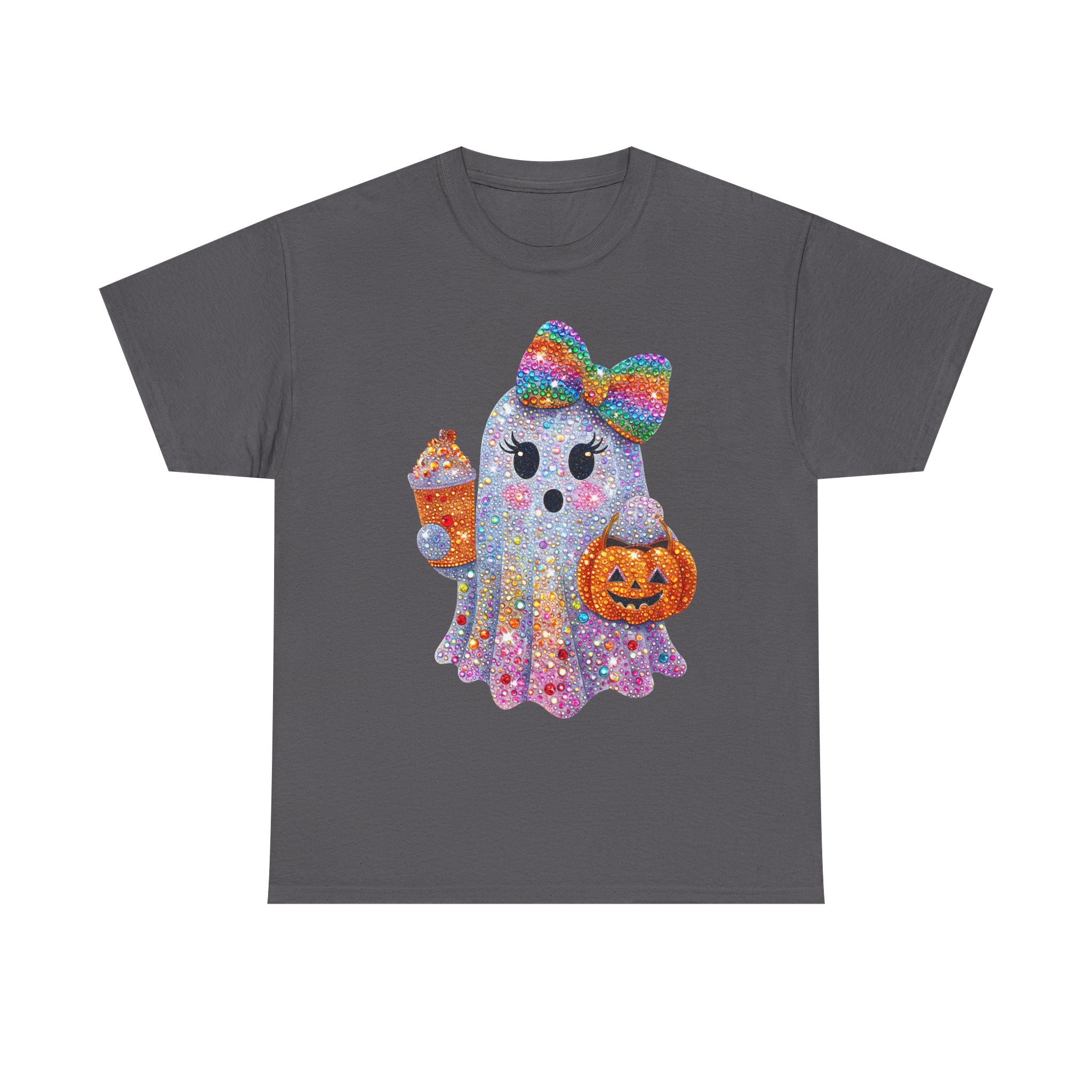 Cute Glitter Ghost T‑Shirt — Rainbow Bow Halloween Tee with Pumpkin & Candy