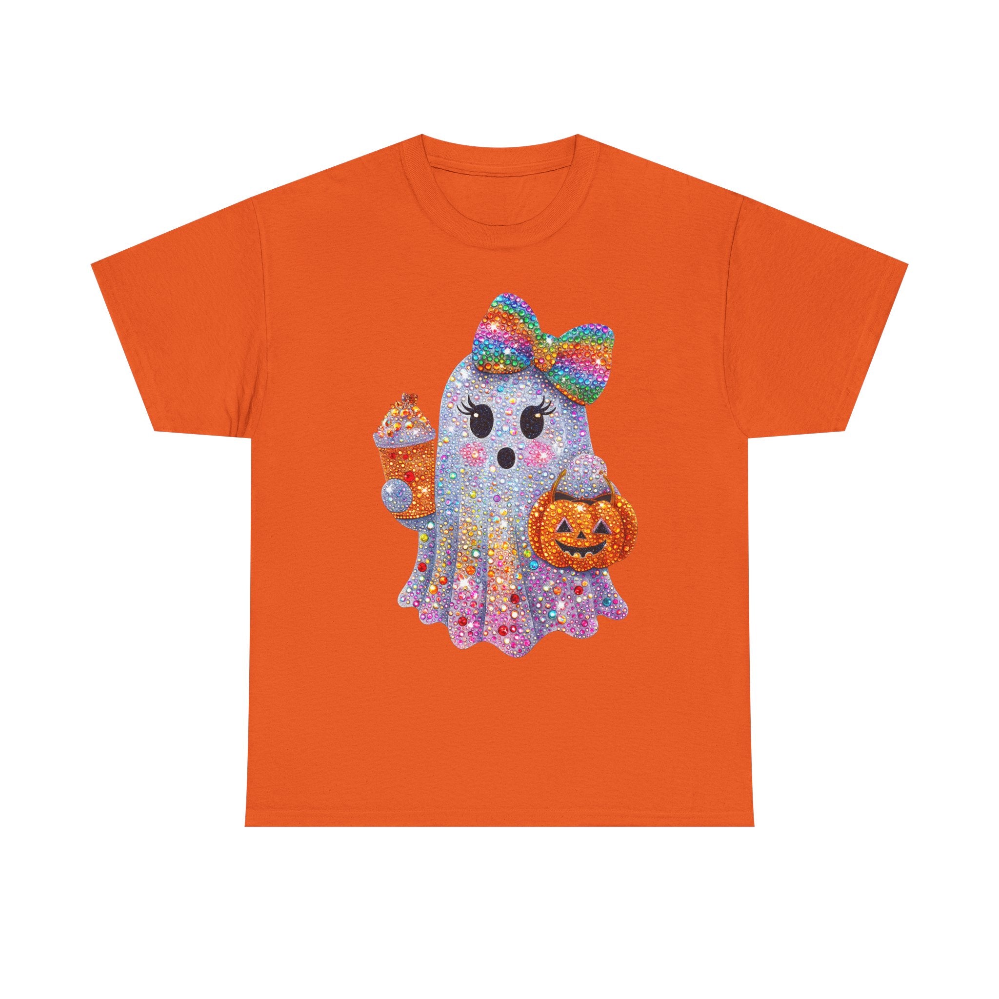 Cute Glitter Ghost T‑Shirt — Rainbow Bow Halloween Tee with Pumpkin & Candy