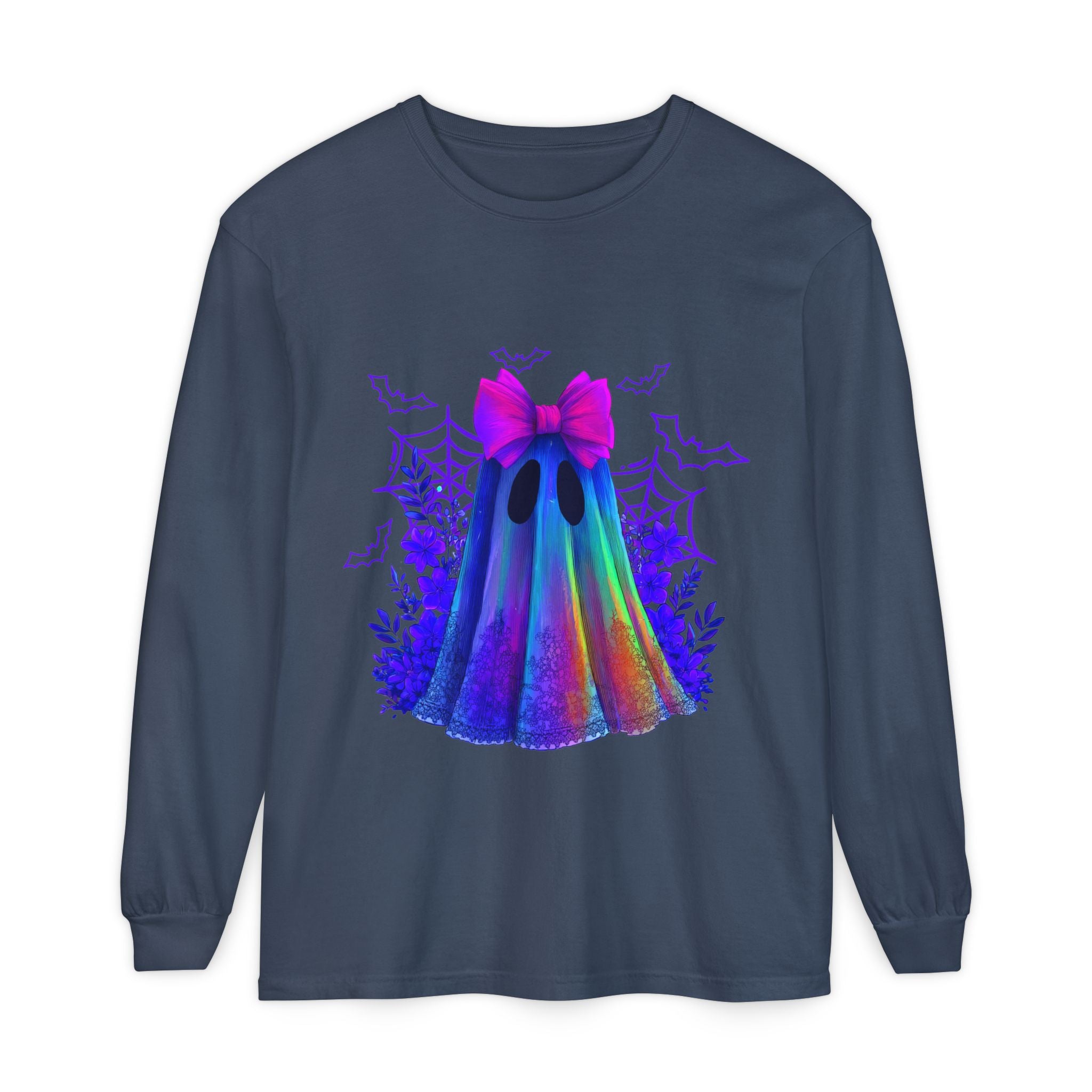 Halloween Ghost Long Sleeve Tee — Holographic Bow Ghost Graphic