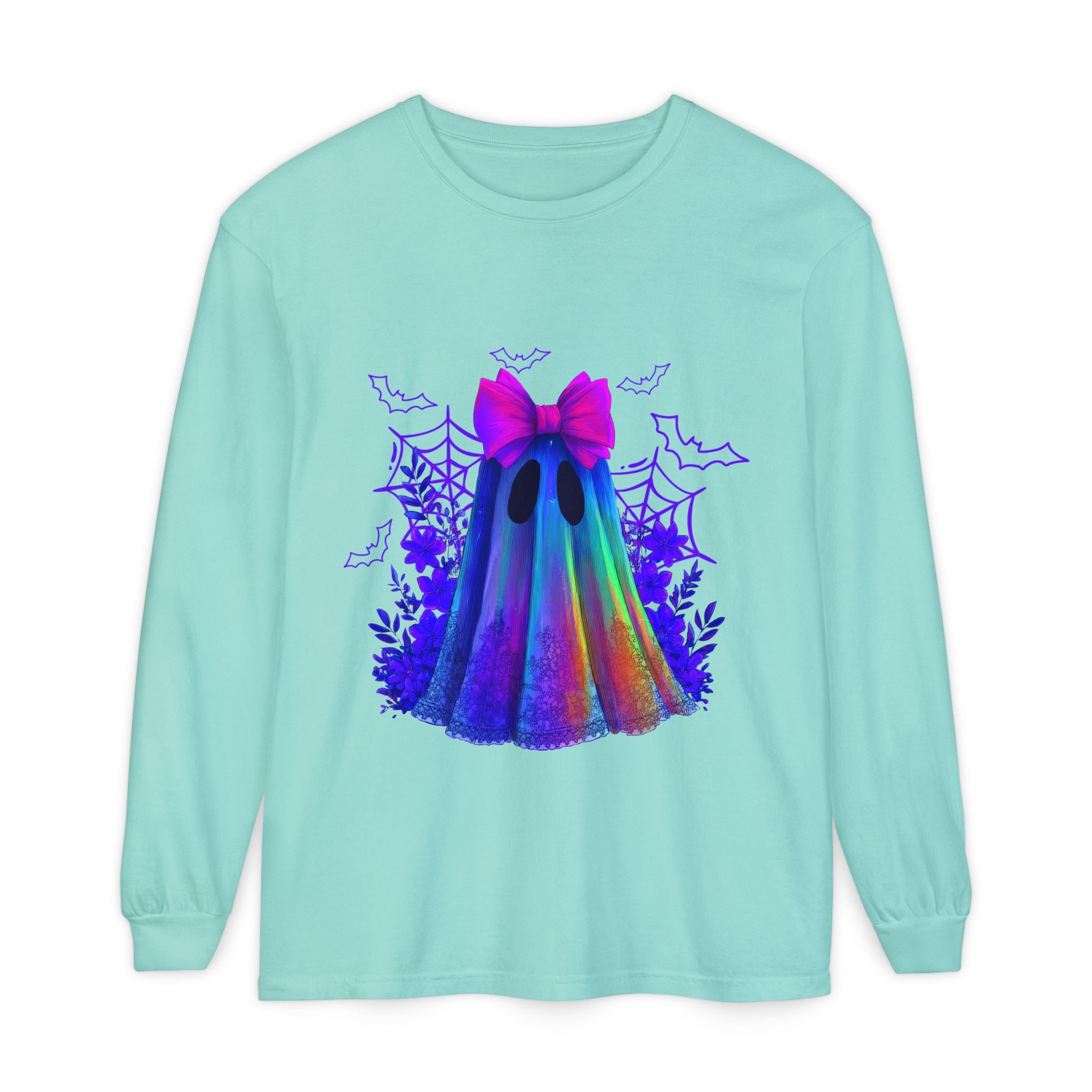 Halloween Ghost Long Sleeve Tee — Holographic Bow Ghost Graphic