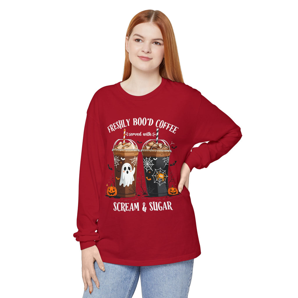 Halloween Coffee Long Sleeve Tee — "Freshly Boo'd Coffee, Scream & Sugar"