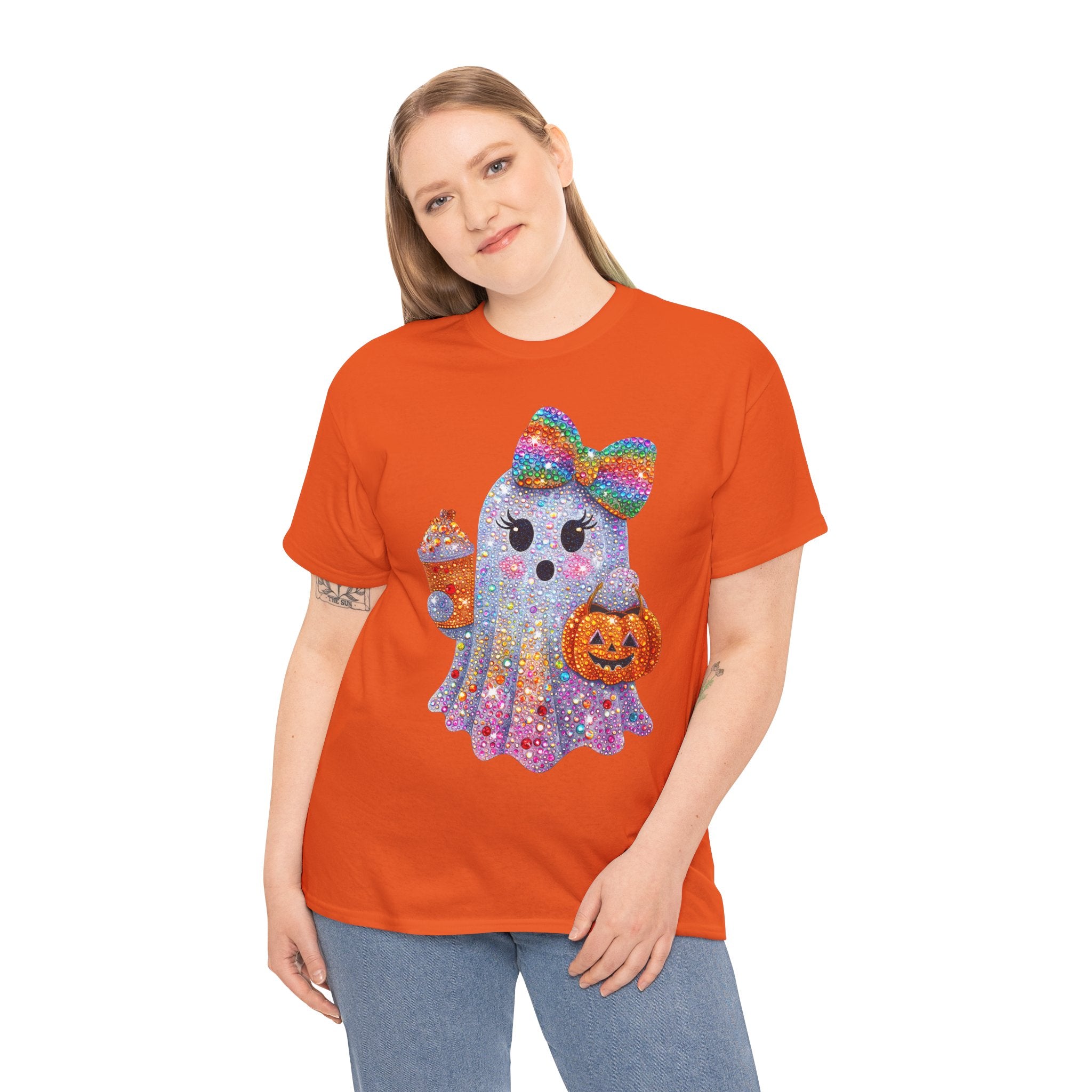 Cute Glitter Ghost T‑Shirt — Rainbow Bow Halloween Tee with Pumpkin & Candy