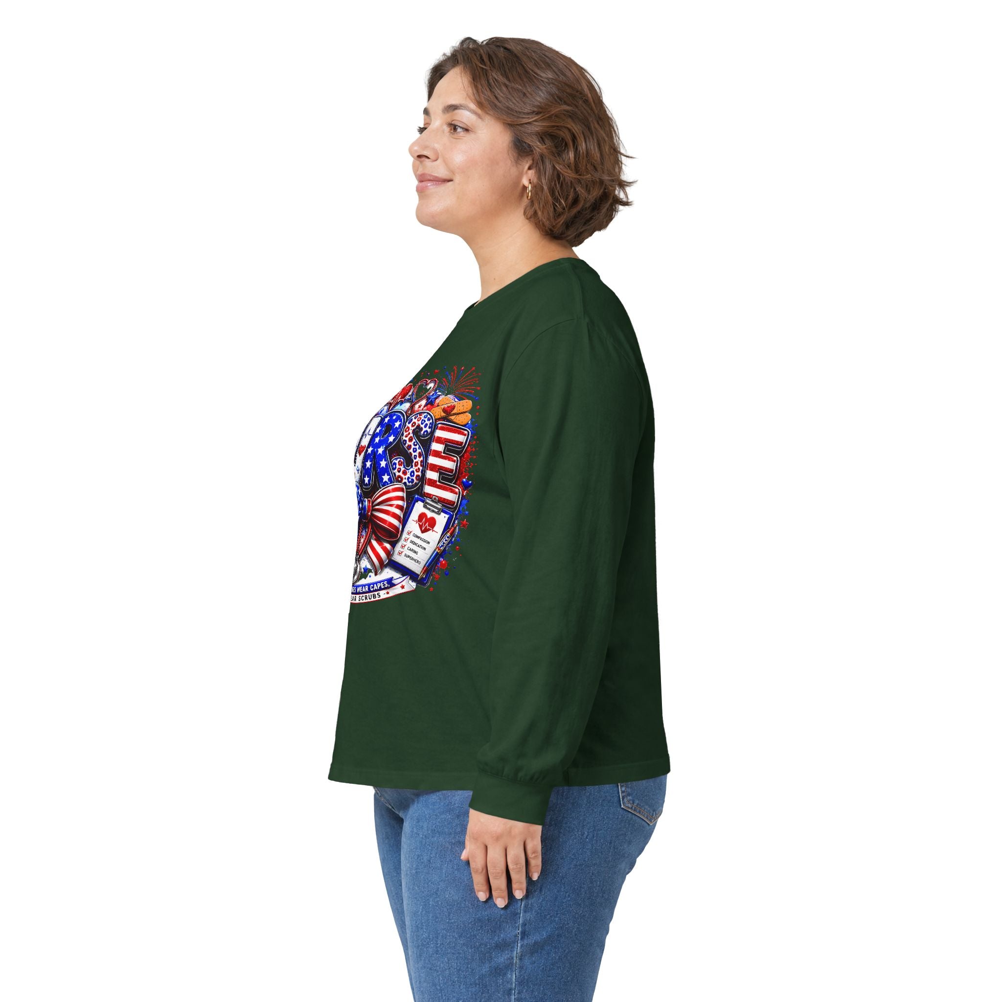 Nurse Heart Patriotic Long Sleeve Tee — USA Flag & Medical Design