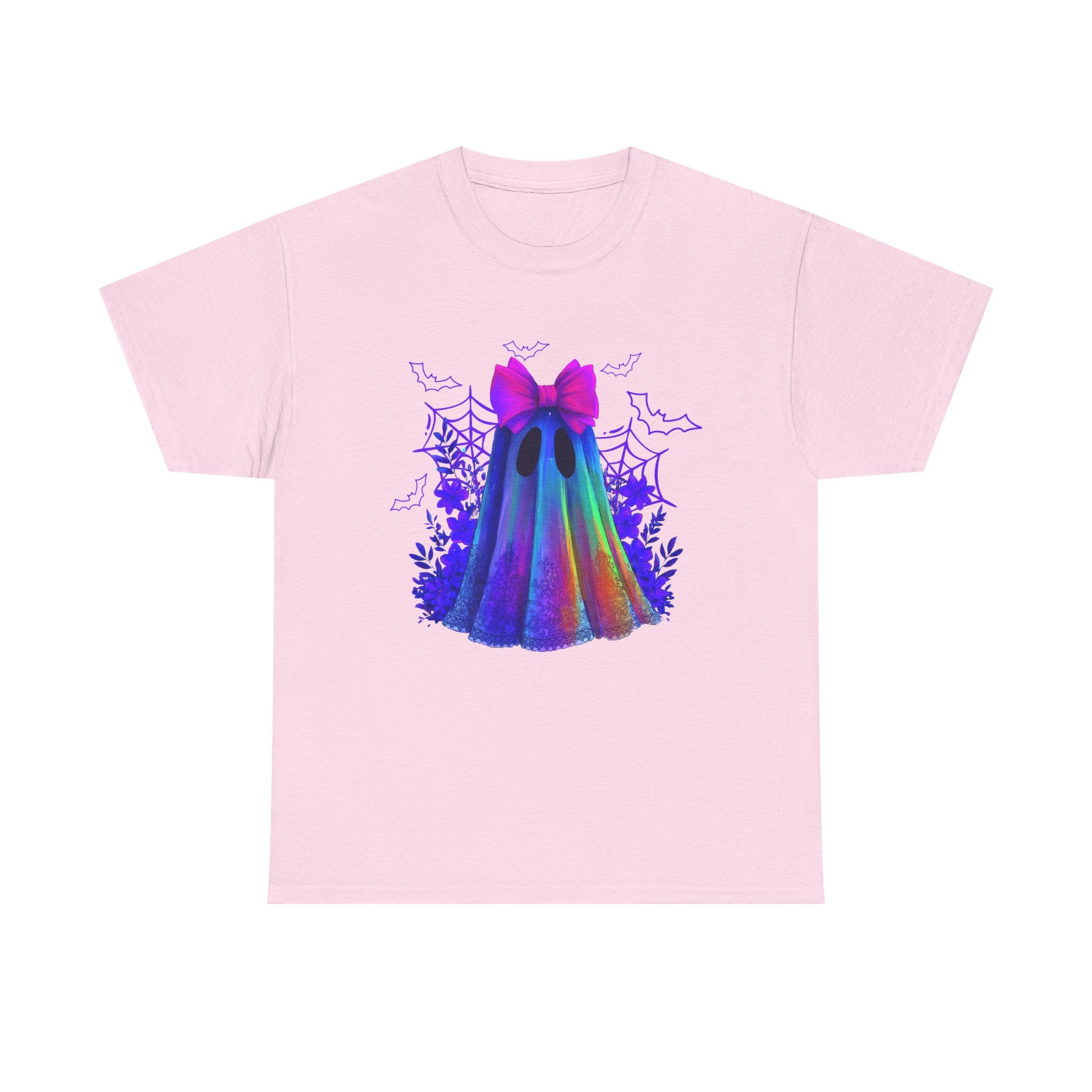 Neon Rainbow Ghost T-Shirt — Cute Halloween Spirit Tee with Pink Bow