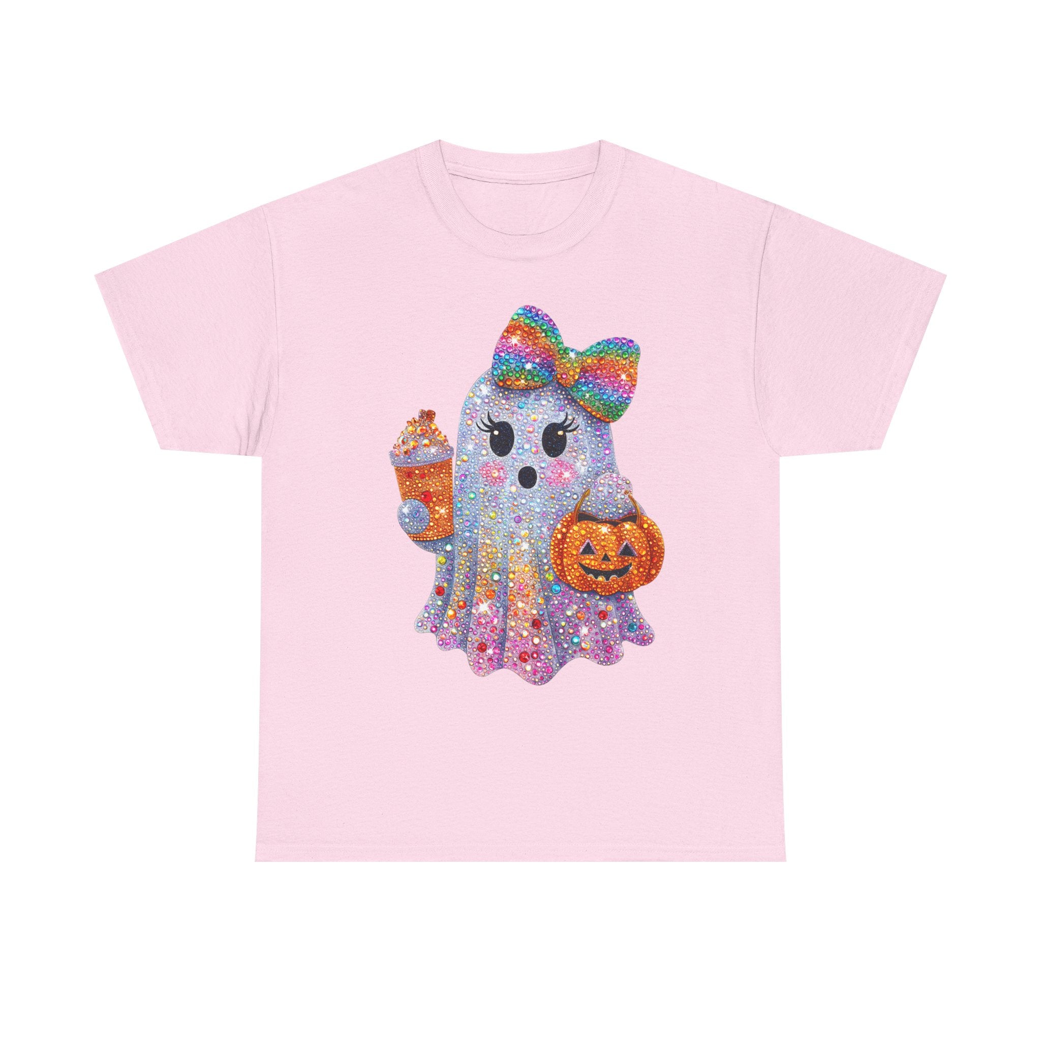 Cute Glitter Ghost T‑Shirt — Rainbow Bow Halloween Tee with Pumpkin & Candy