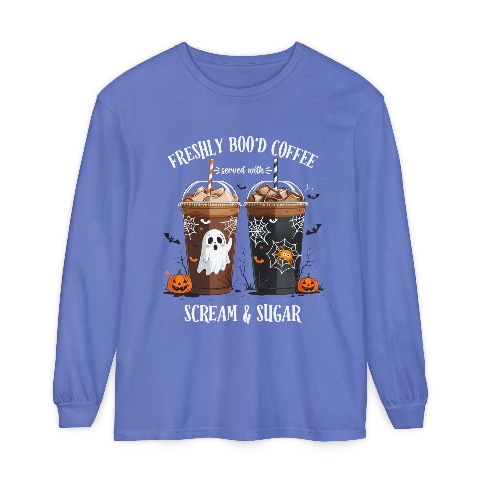 Halloween Coffee Long Sleeve Tee — "Freshly Boo'd Coffee, Scream & Sugar"