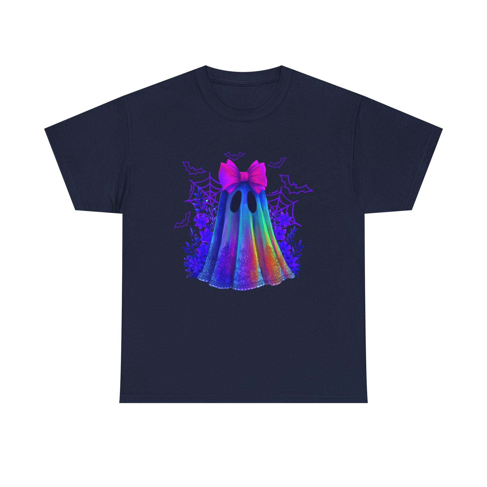 Neon Rainbow Ghost T-Shirt — Cute Halloween Spirit Tee with Pink Bow
