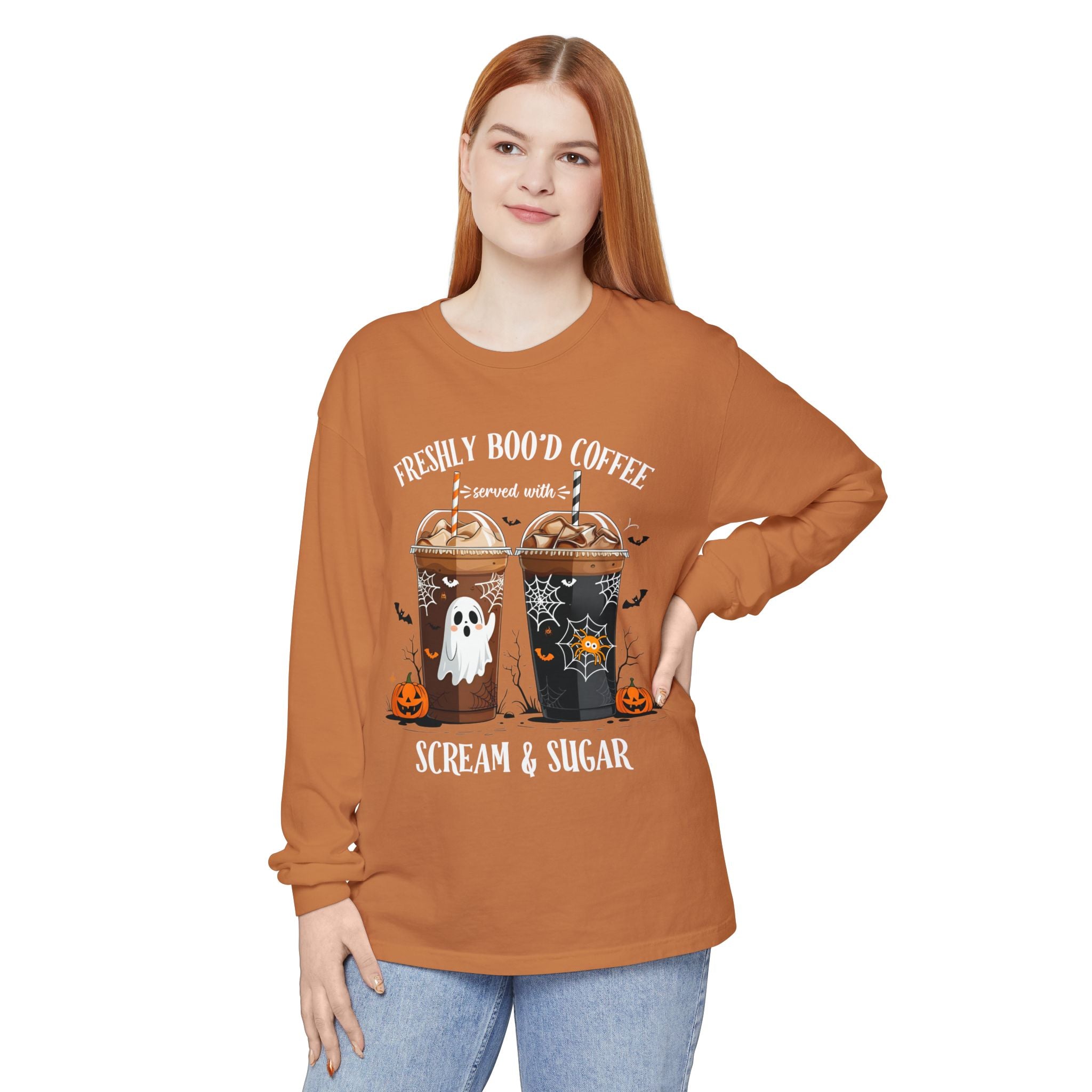 Halloween Coffee Long Sleeve Tee — "Freshly Boo'd Coffee, Scream & Sugar"