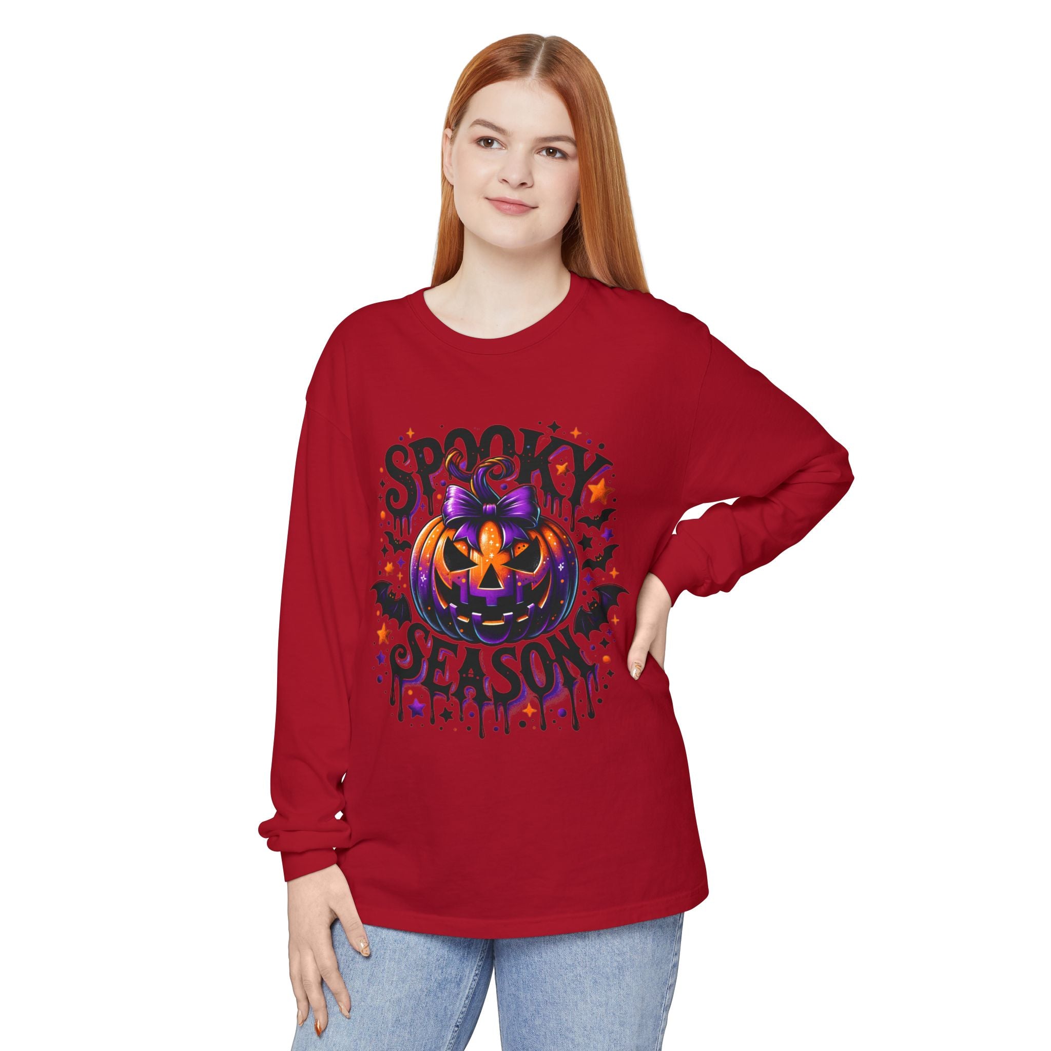 Spooky Season Long Sleeve Tee — Purple Jack-O'-Lantern Halloween Shirt
