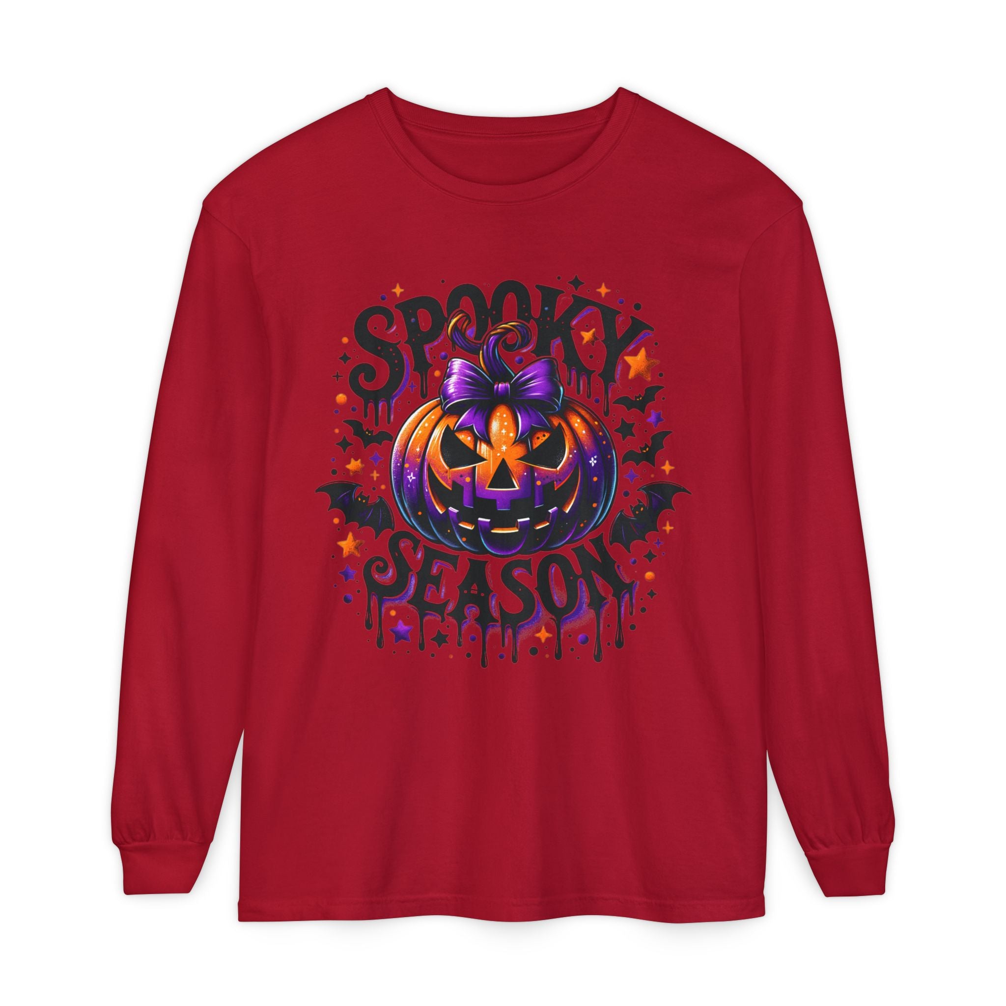 Spooky Season Long Sleeve Tee — Purple Pumpkin Halloween Design