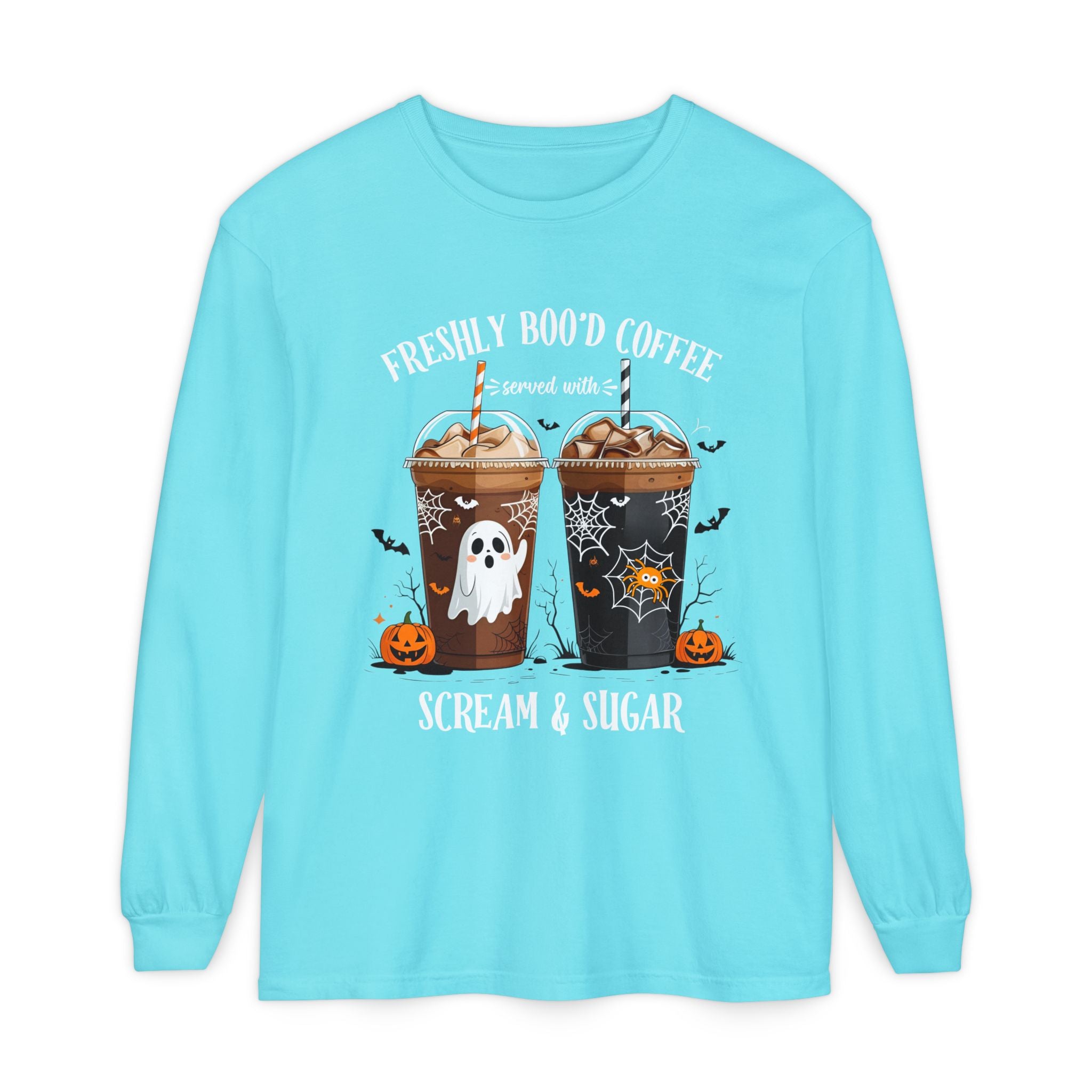 Halloween Coffee Long Sleeve Tee — "Freshly Boo'd Coffee, Scream & Sugar"