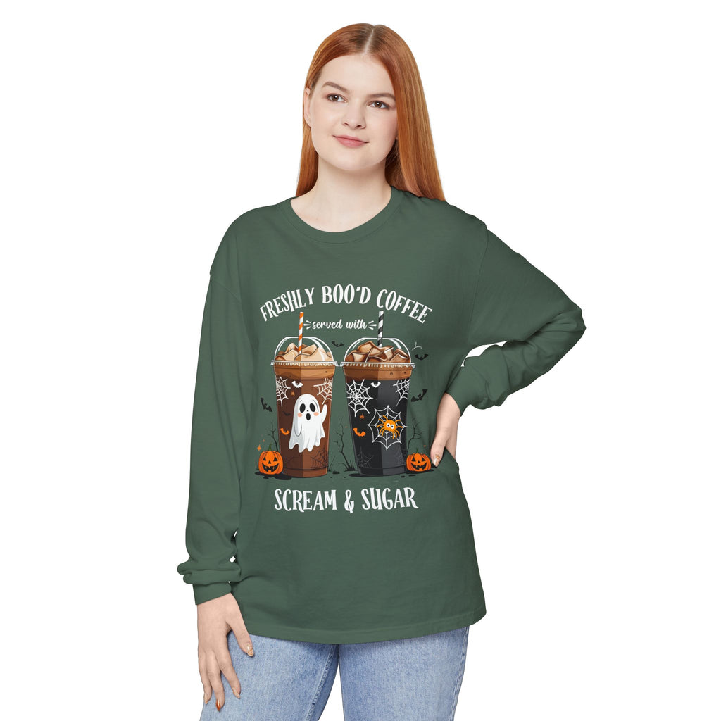 Halloween Coffee Long Sleeve Tee — "Freshly Boo'd Coffee, Scream & Sugar"