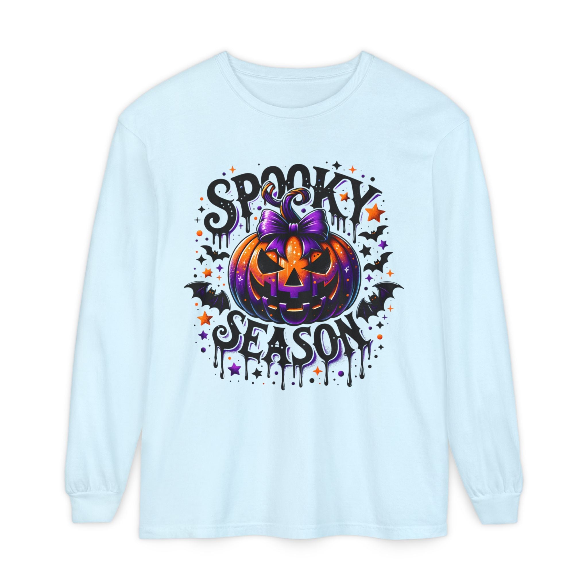 Spooky Season Long Sleeve Tee — Purple Pumpkin Halloween Design