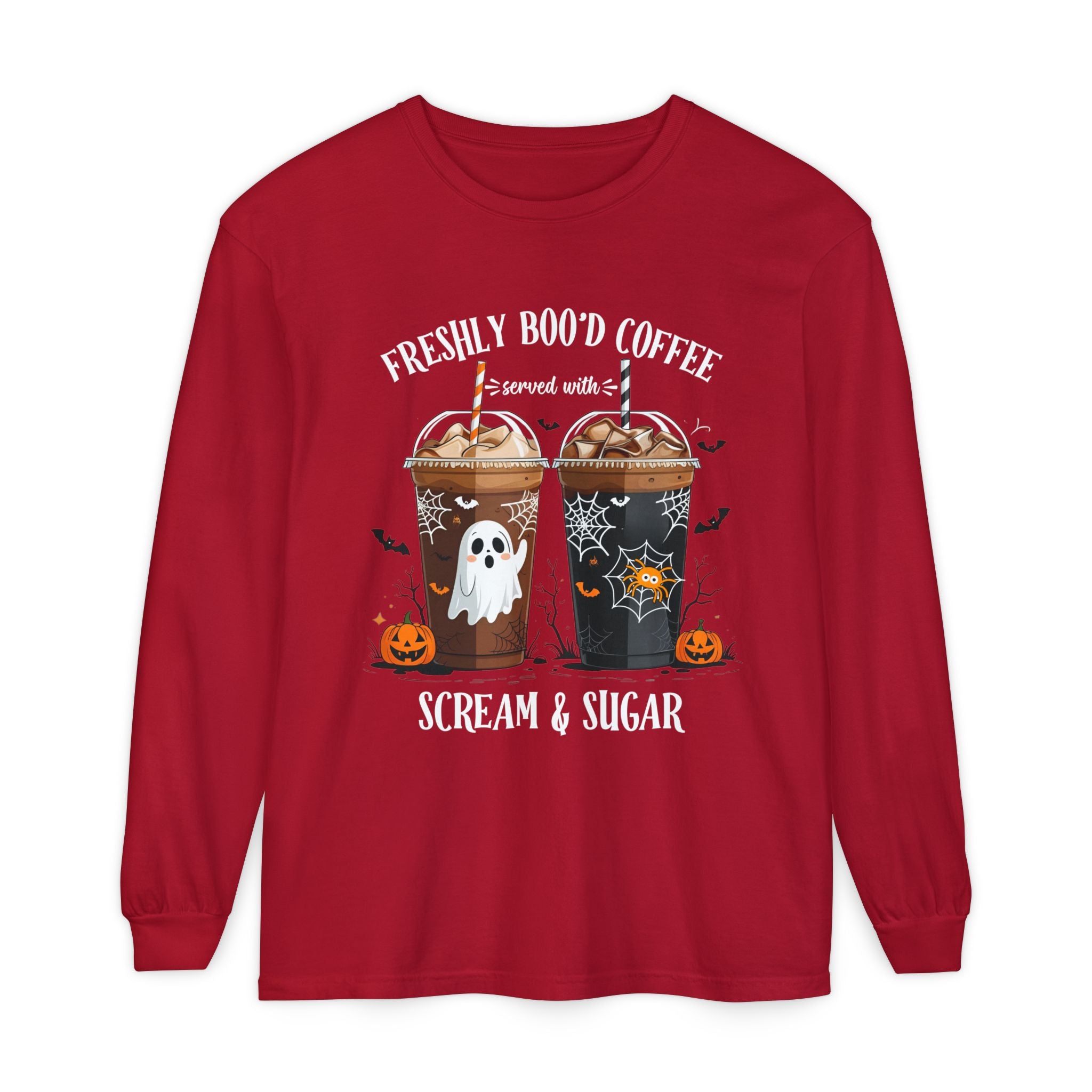 Halloween Coffee Long Sleeve Tee — "Freshly Boo'd Coffee, Scream & Sugar"