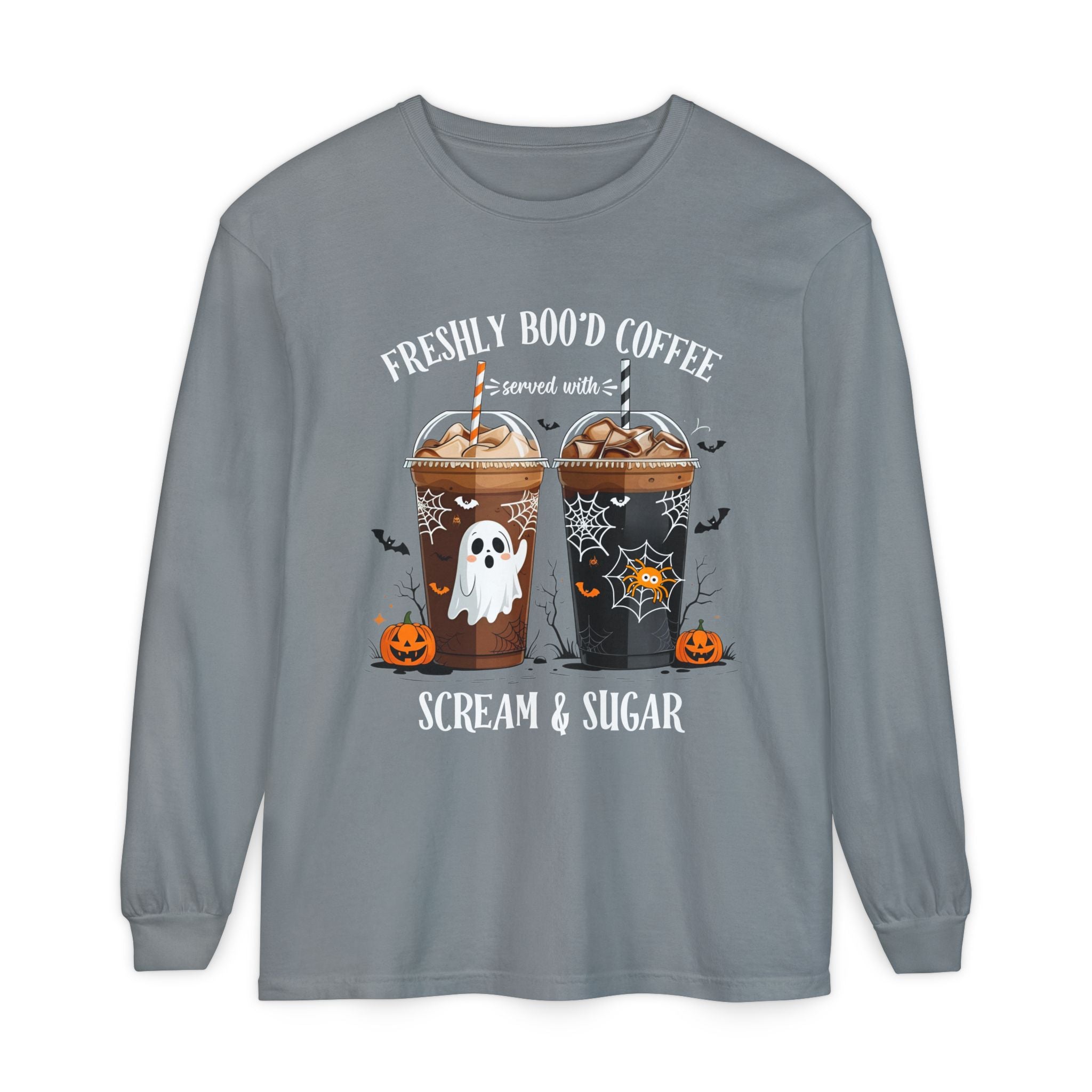 Halloween Coffee Long Sleeve Tee — "Freshly Boo'd Coffee, Scream & Sugar"