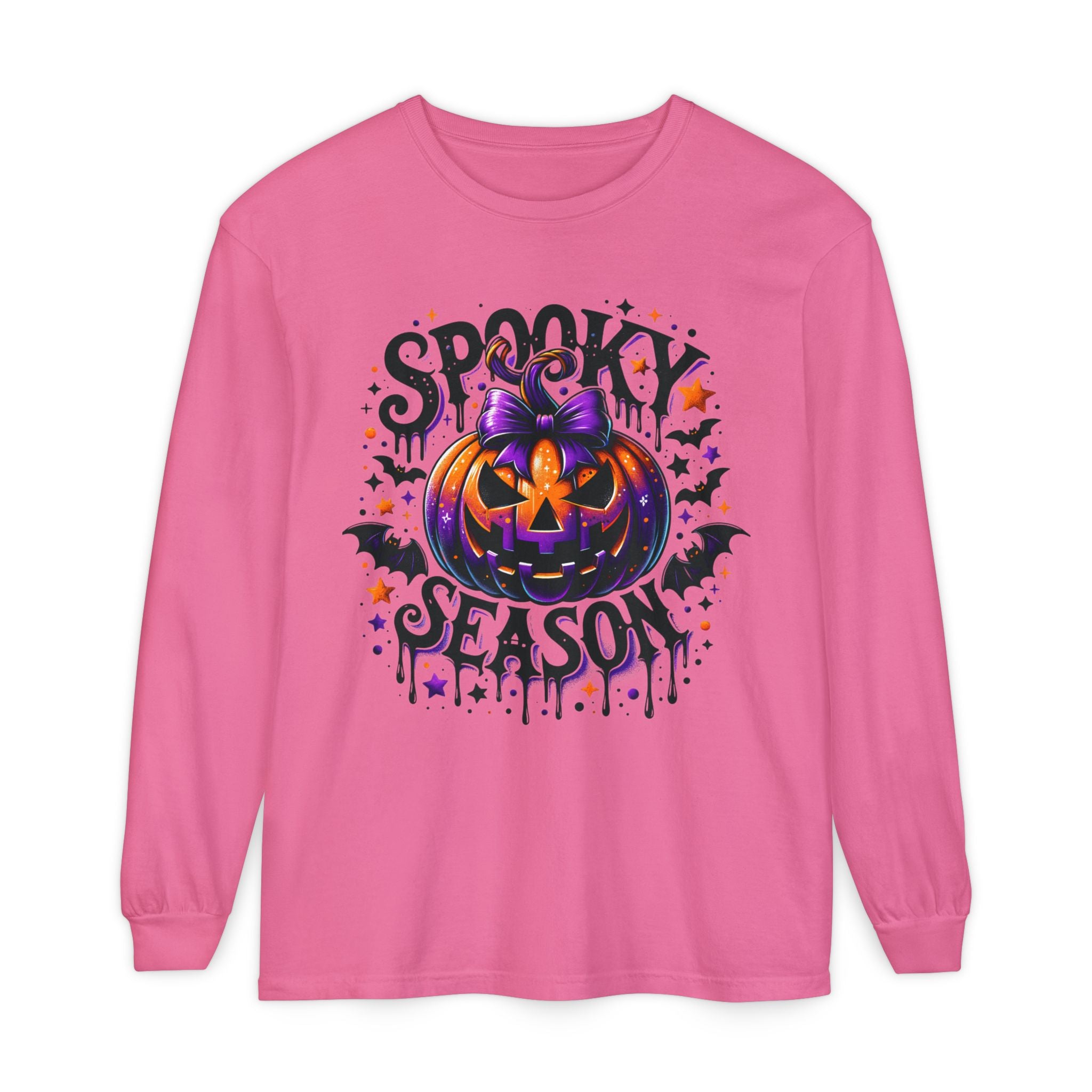 Spooky Season Long Sleeve Tee — Purple Pumpkin Halloween Design